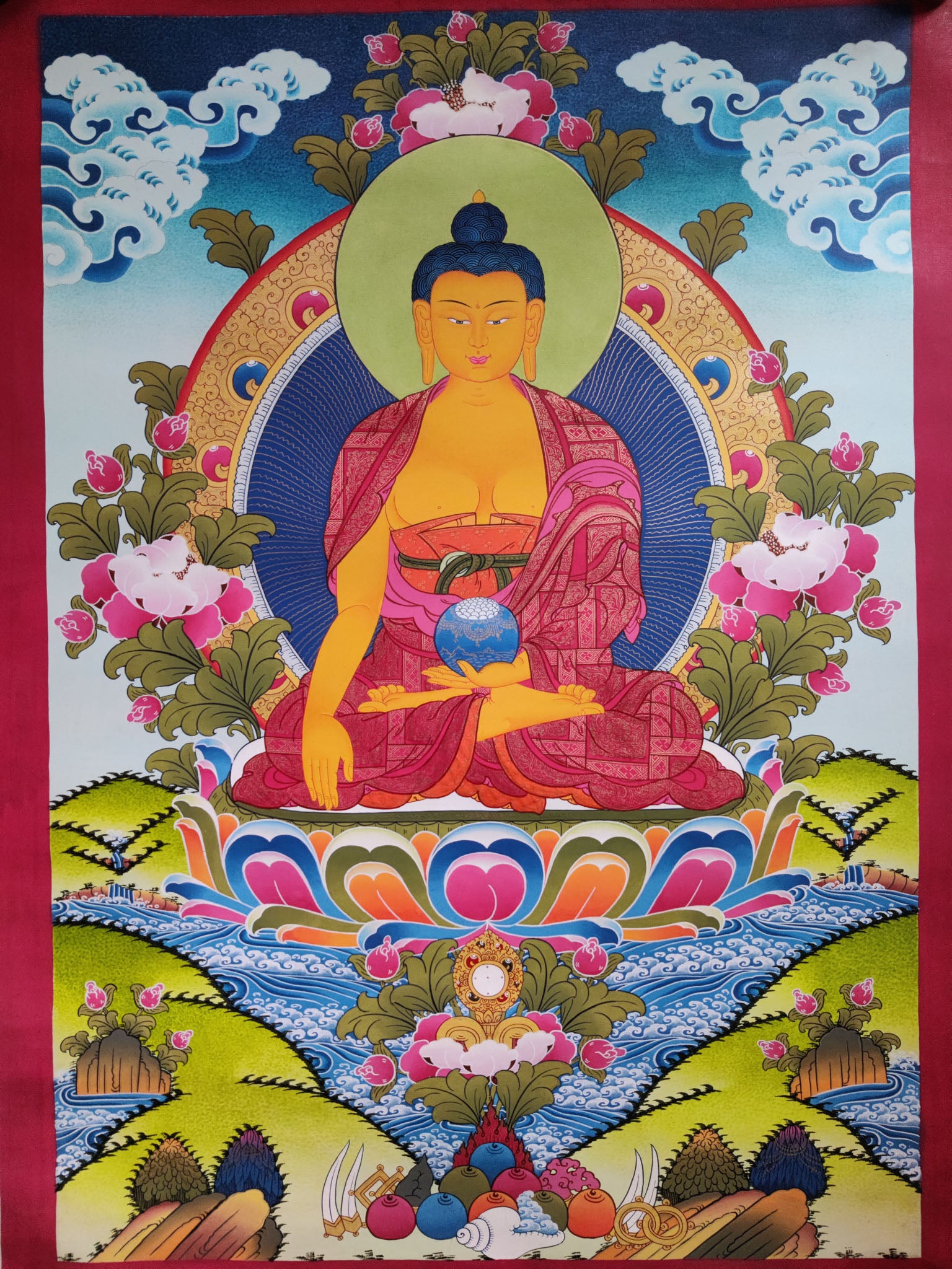 Shakyamuni Buddha Thangka painting for spiritual practices and wall hanging decor