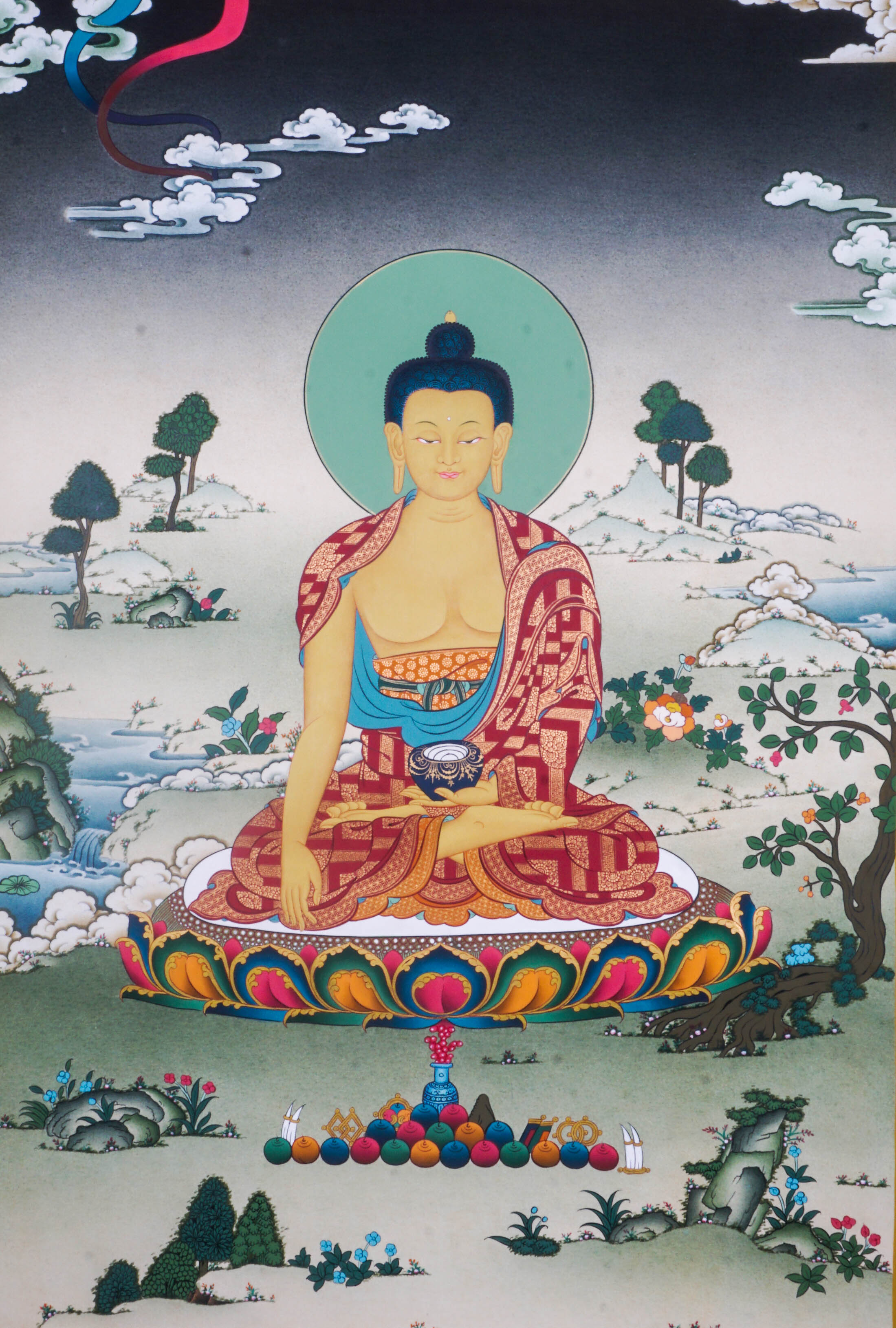 The Shakyamuni Buddha Thangka Painting depicts the Buddha of enlightenment in serene meditation, radiating peace, compassion, and spiritual wisdom. Hand-painted by skilled Tibetan artists with natural pigments, this exquisite artwork enhances any space with its vibrant detail and deep spiritual significance.