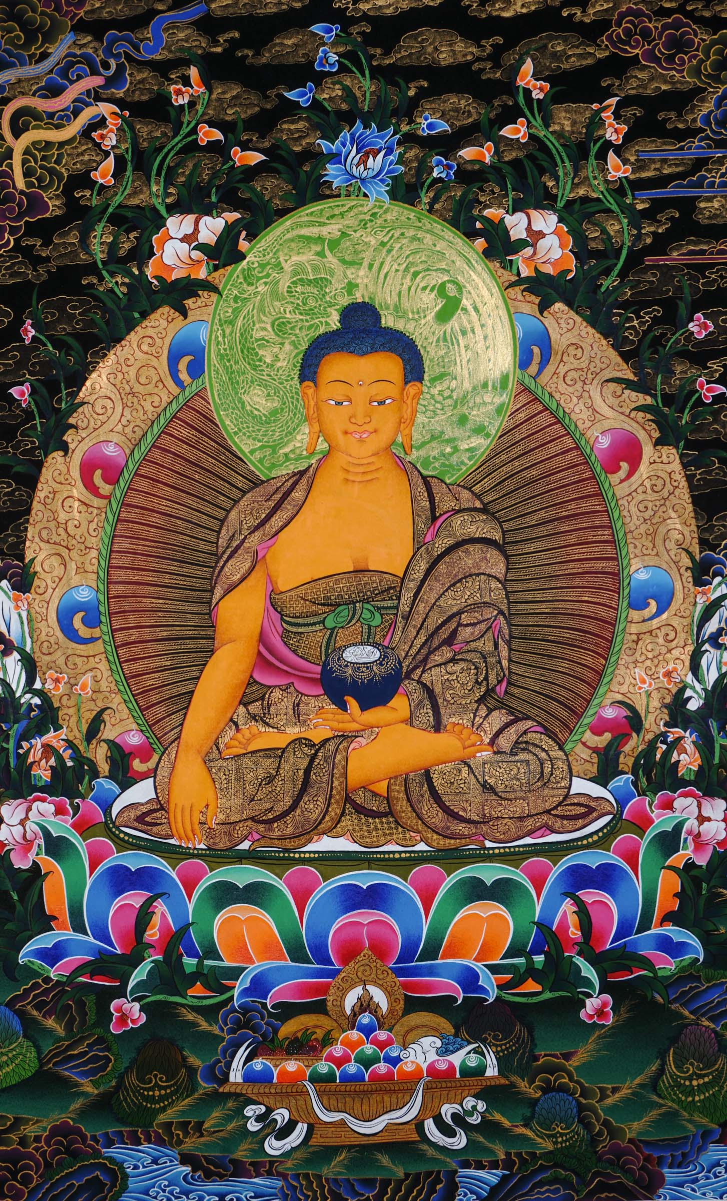 Shakyamuni Buddha Thangka hand-painted in Nepal with 24k gold, seated on a lotus throne with floral background.