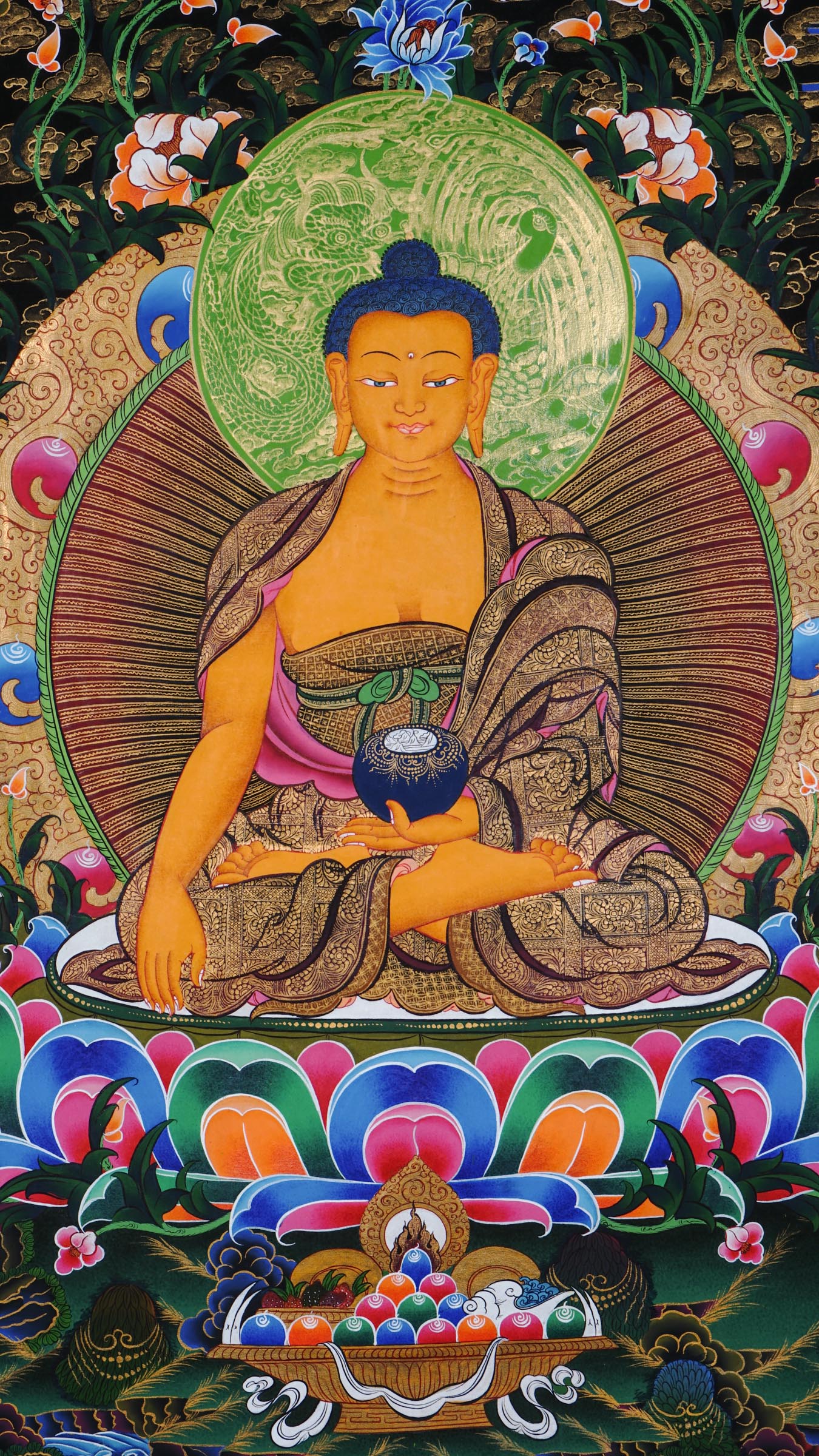 Shakyamuni Buddha Thangka hand-painted in Nepal with 24k gold, seated on a lotus throne with floral background.