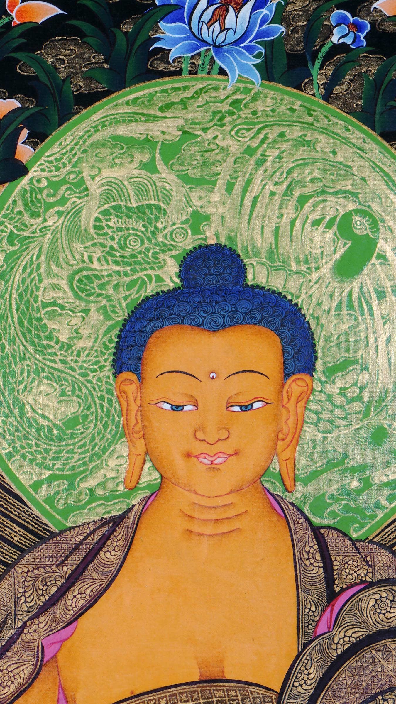 Shakyamuni Buddha Thangka hand-painted in Nepal with 24k gold, seated on a lotus throne with floral background.