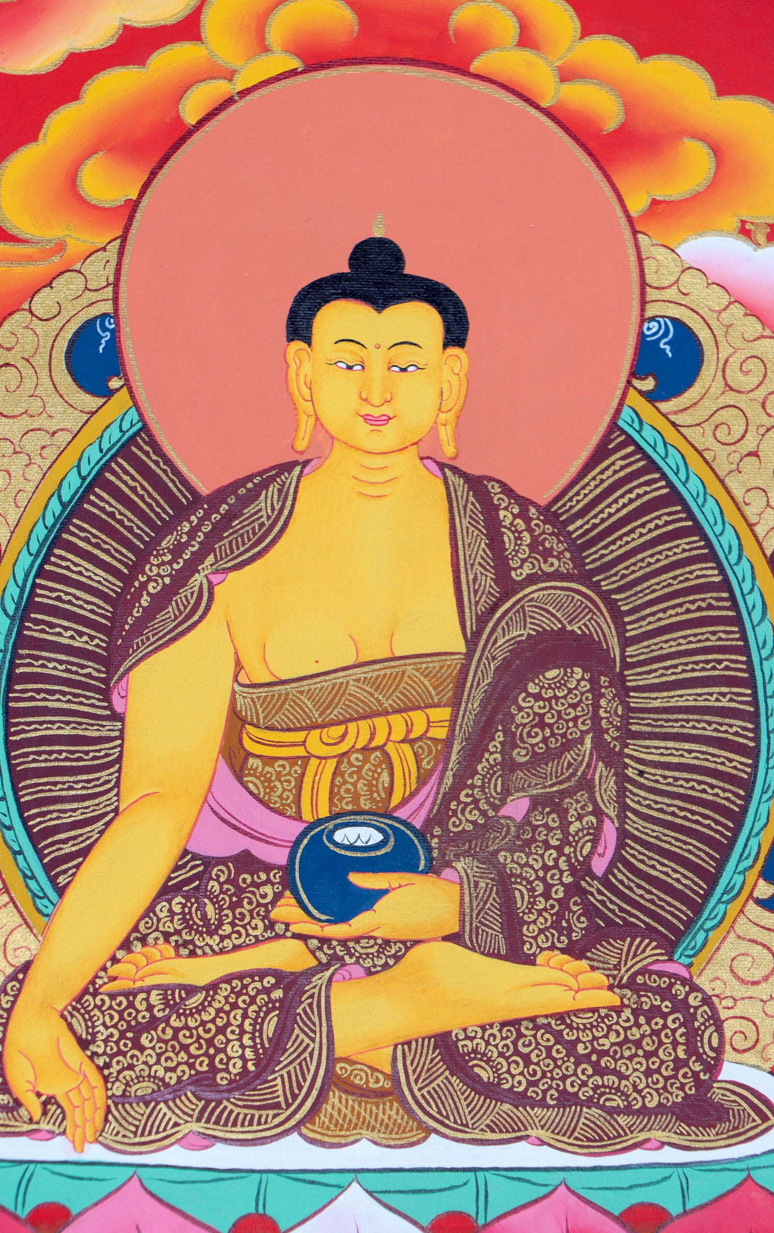 This genuine Tibetan thangka of Shakyamuni Buddha is hand-painted using natural mineral pigments, capturing the essence of the historical Buddha in deep meditation. A sacred symbol in Buddhism, it brings serenity and spiritual depth to any space seeking mindful energy and enlightenment.