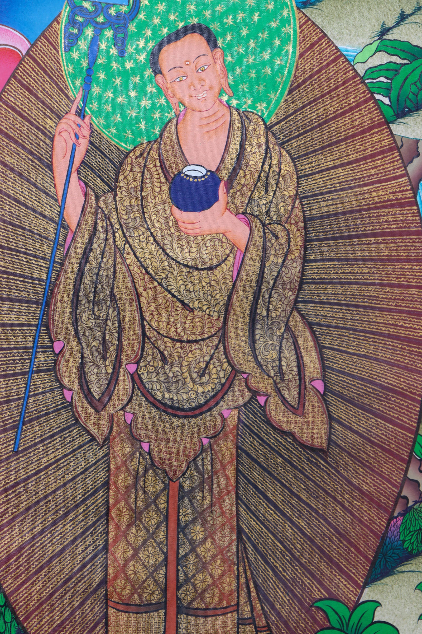 This exquisite Shakyamuni Buddha Thangka, hand-painted on cotton canvas using natural mineral pigments, radiates the peaceful essence of the Enlightened One and reflects the deep spiritual artistry of Tibetan culture.