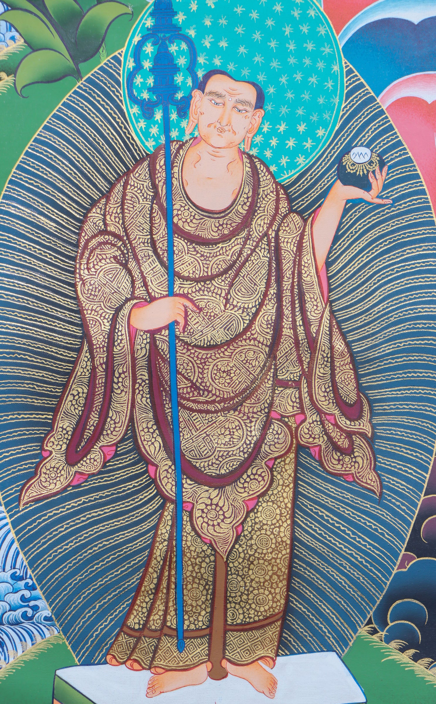 This genuine Tibetan thangka of Shakyamuni Buddha is handcrafted on cotton canvas using mineral pigments, capturing the enlightened essence of the historical Buddha with serene precision. A powerful symbol in Buddhism, it brings spiritual depth and sacred energy to any meditation or devotional space.
