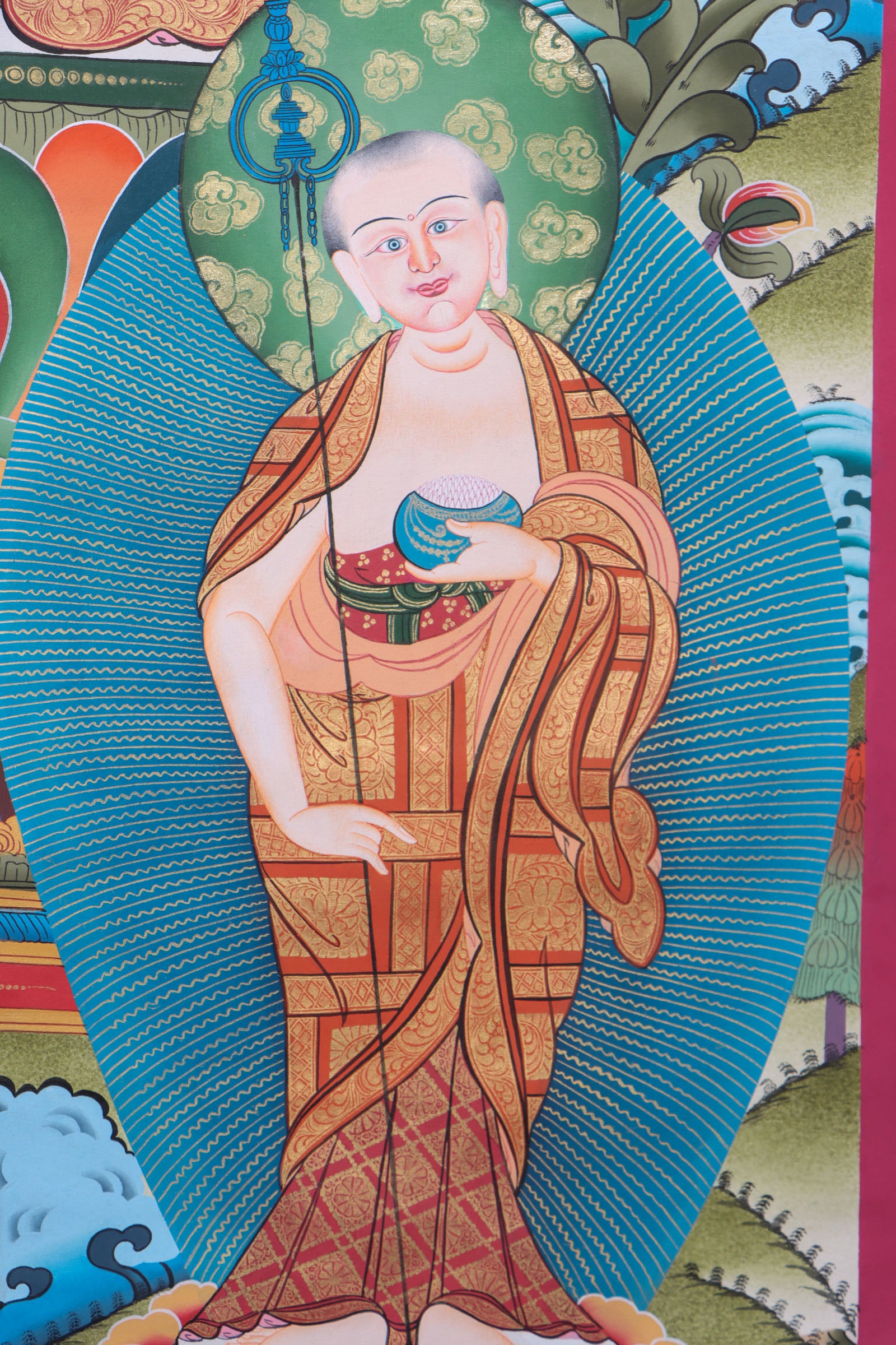 This genuine Tibetan thangka of Shakyamuni Buddha is hand-painted on cotton canvas using natural mineral pigments, capturing his serene meditative presence. A sacred Buddhist artwork, it embodies the teachings of enlightenment and brings spiritual calm to any space.