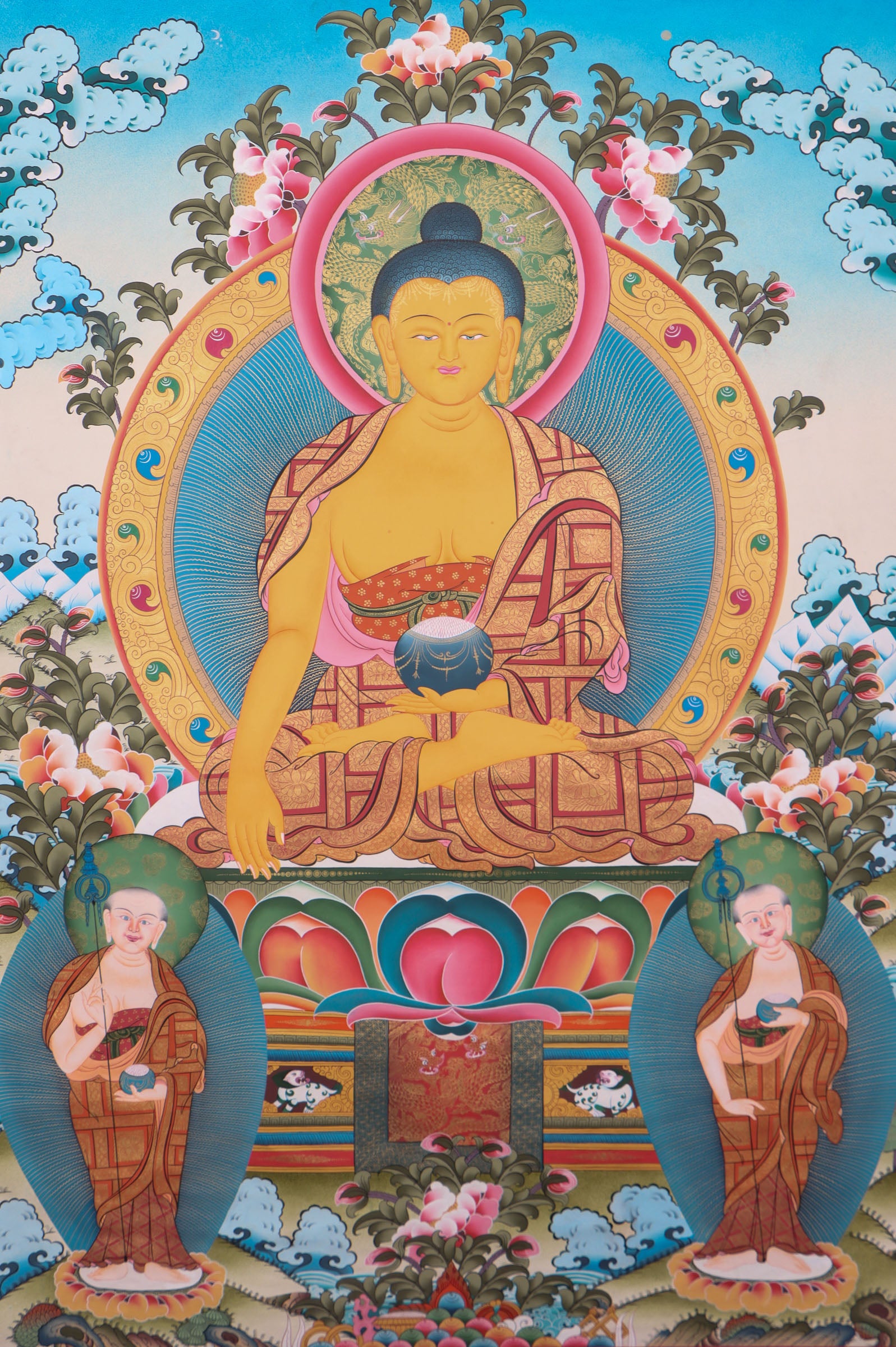 This genuine Tibetan thangka of Shakyamuni Buddha is hand-painted on cotton canvas using natural mineral pigments, capturing his serene meditative presence. A sacred Buddhist artwork, it embodies the teachings of enlightenment and brings spiritual calm to any space.