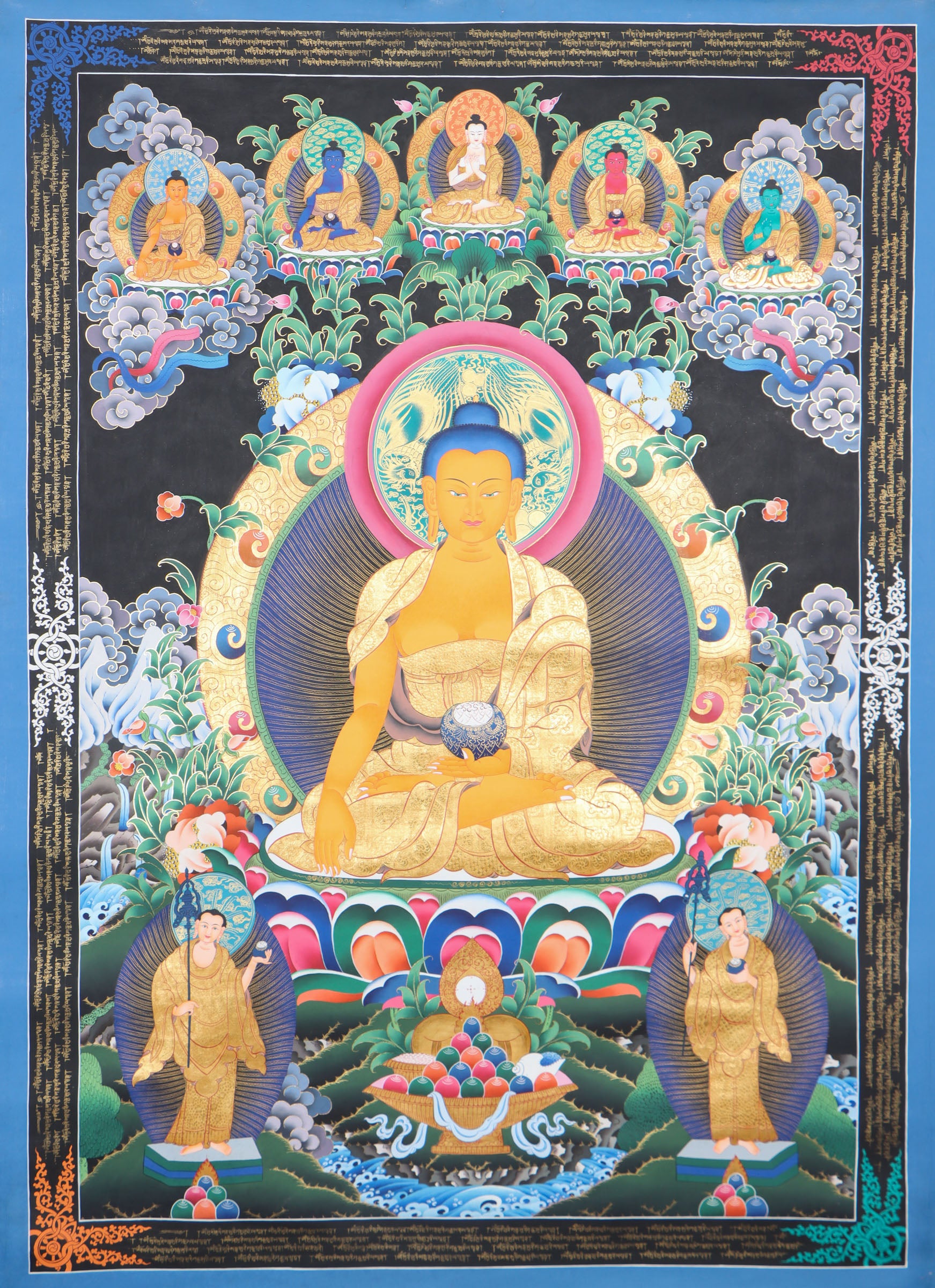 This genuine Tibetan thangka of Shakyamuni Buddha, hand-painted on durable cotton canvas with natural mineral pigments, beautifully captures his serene enlightened presence and profound teachings. Perfect for meditation spaces or sacred areas, this authentic Buddhist artwork radiates spiritual calm and showcases exceptional Tibetan craftsmanship.