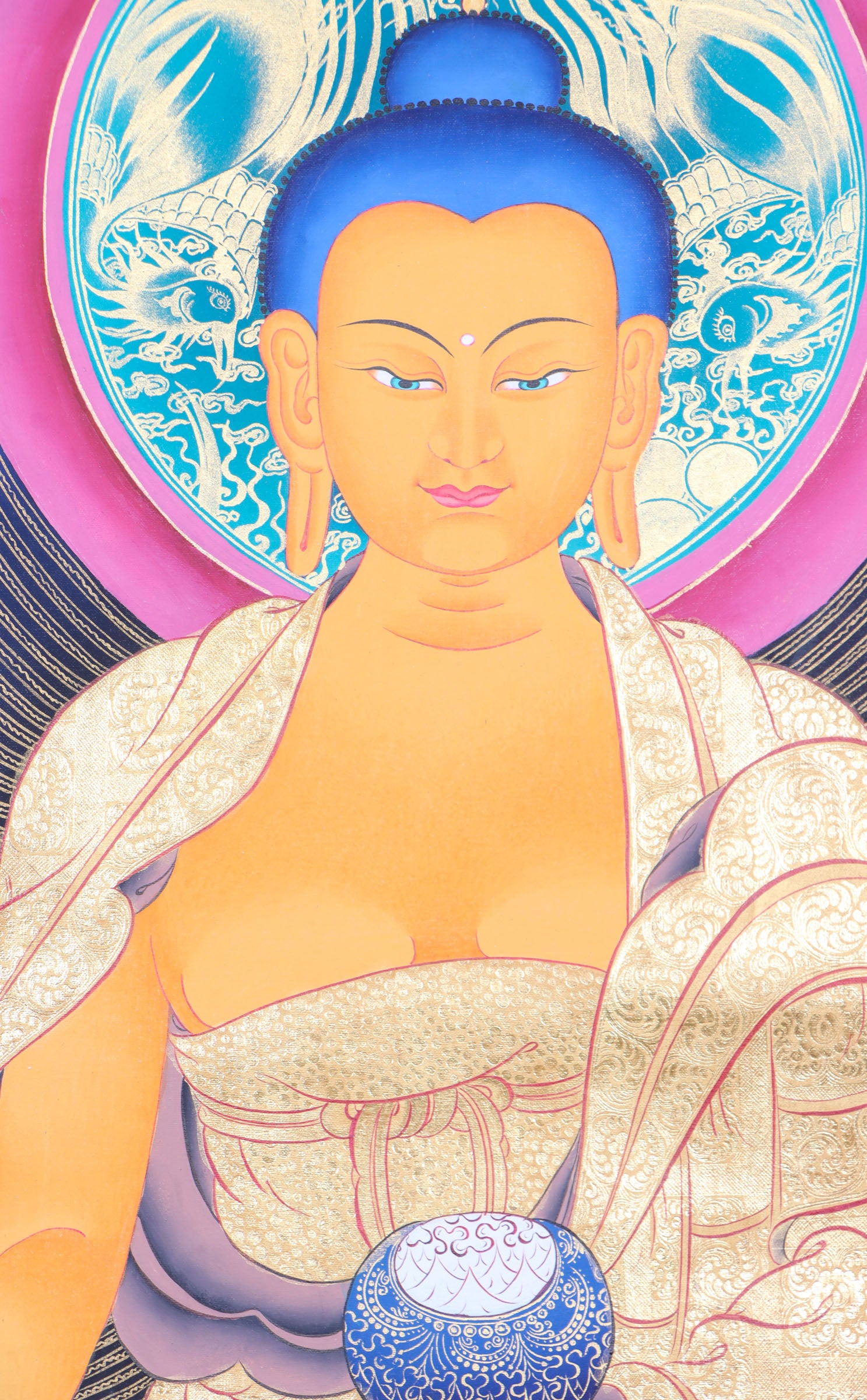 This genuine Tibetan thangka of Shakyamuni Buddha, hand-painted on durable cotton canvas with natural mineral pigments, beautifully captures his serene enlightened presence and profound teachings. Perfect for meditation spaces or sacred areas, this authentic Buddhist artwork radiates spiritual calm and showcases exceptional Tibetan craftsmanship.
