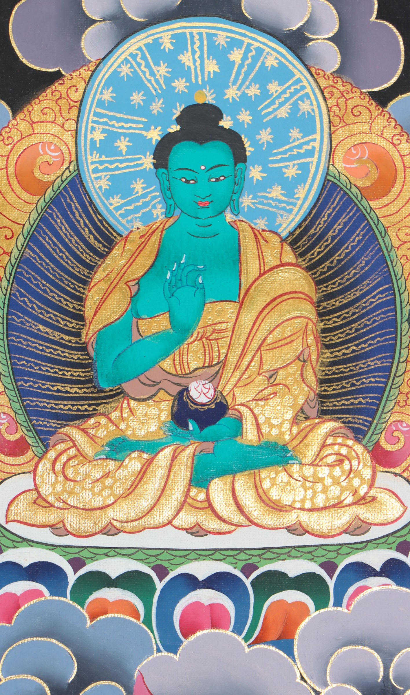 This genuine Tibetan thangka of Shakyamuni Buddha, hand-painted on durable cotton canvas with natural mineral pigments, beautifully captures his serene enlightened presence and profound teachings. Perfect for meditation spaces or sacred areas, this authentic Buddhist artwork radiates spiritual calm and showcases exceptional Tibetan craftsmanship.