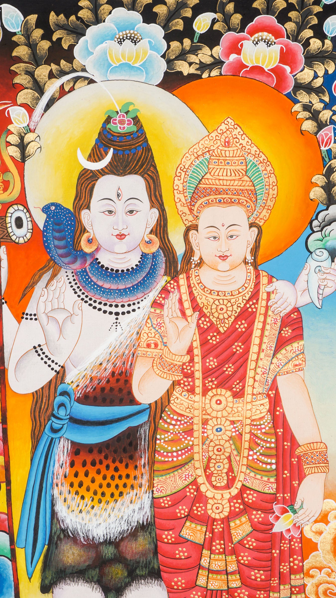 Shiva Shakti Thangka - a delightful thangka beautifully portraying the divine duo standing side by side on a blossoming lotus.