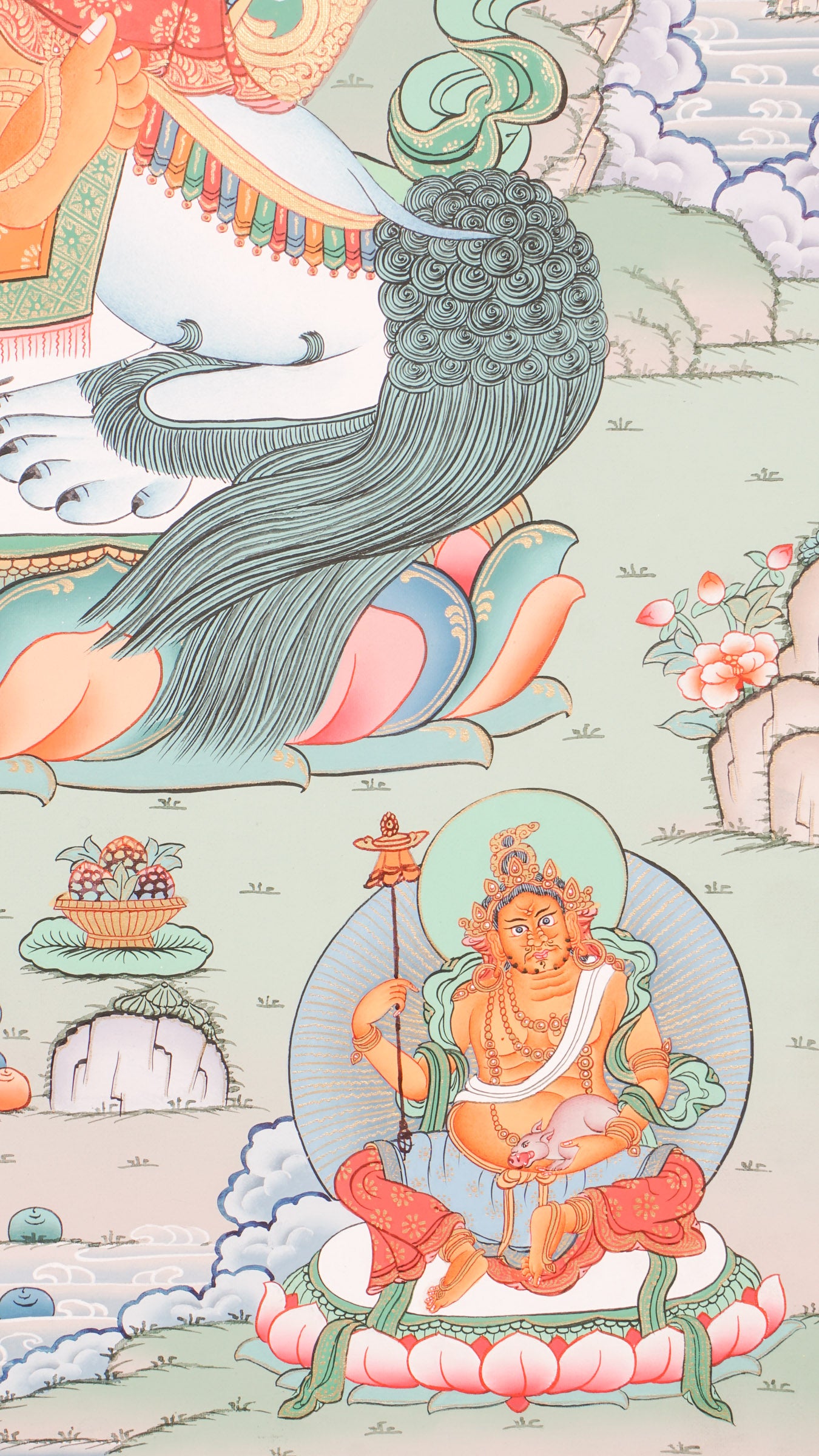 Singh Zambala Thangka - representing  noble figure of Kuber, the guardian of wealth and prosperity in Vajrayana Buddhism.