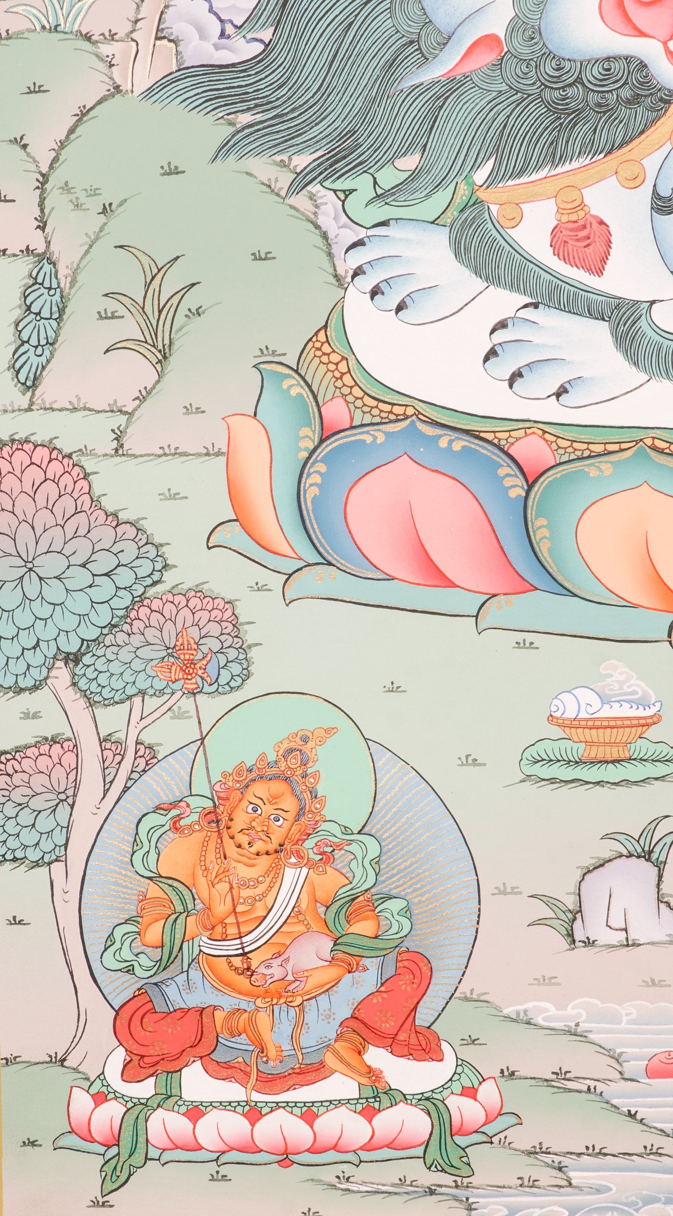 Singh Zambala Thangka - representing  noble figure of Kuber, the guardian of wealth and prosperity in Vajrayana Buddhism.