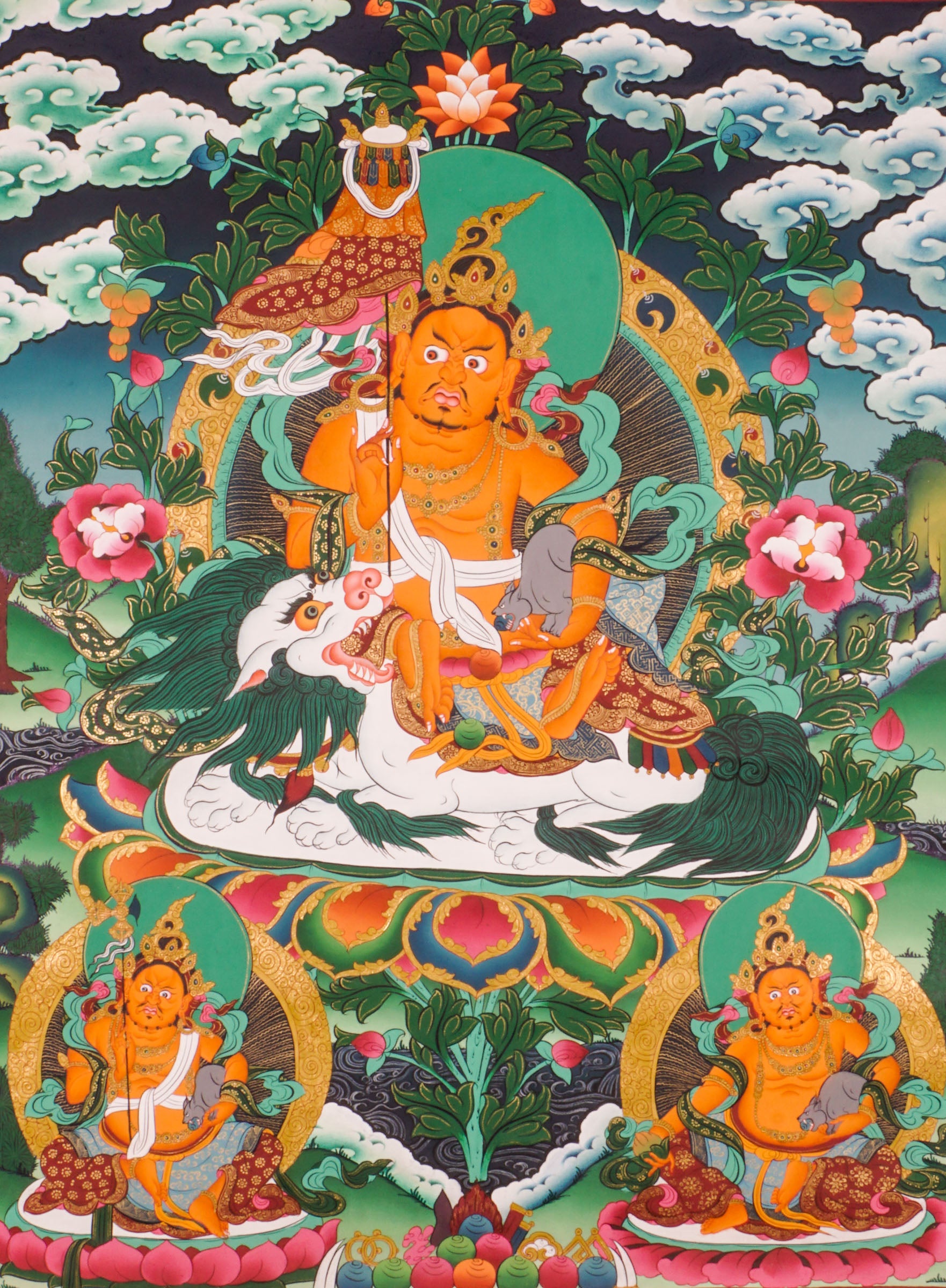 Singh Zambala thangka - singh zambala seated on a lotus throne adorned with vivid flowers, symbolizing purity and spiritual growth