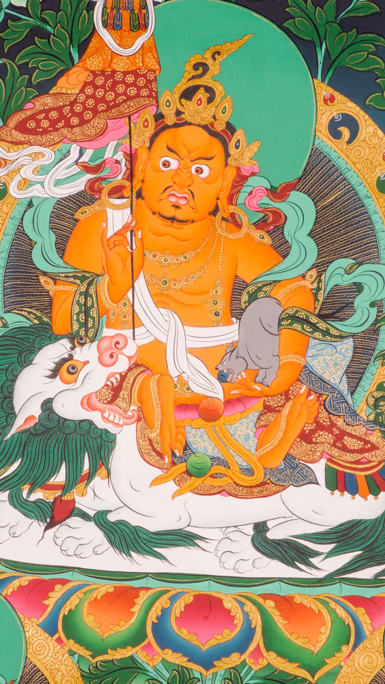 Singh Zambala thangka - singh zambala seated on a lotus throne adorned with vivid flowers, symbolizing purity and spiritual growth