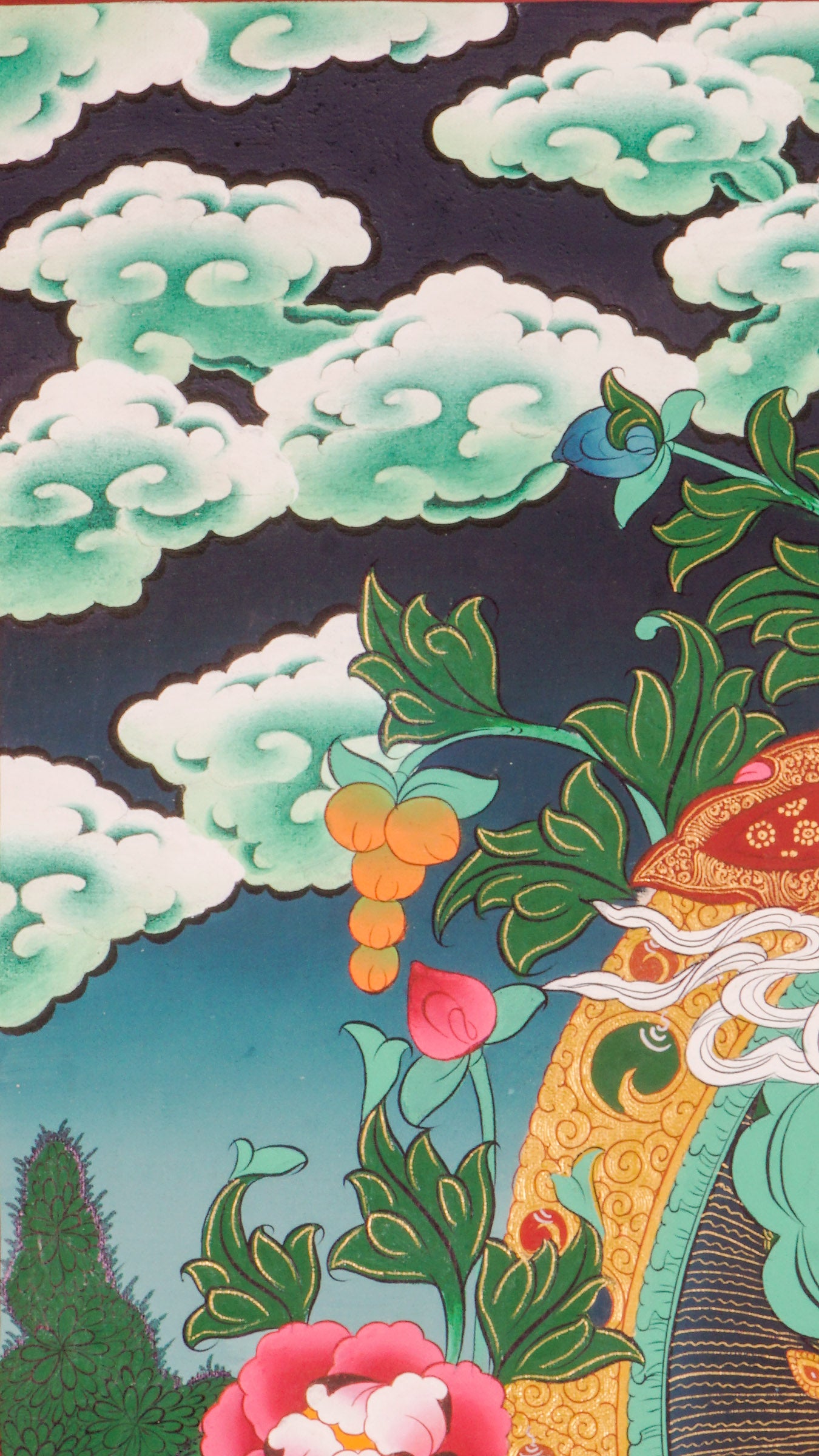 Singh Zambala thangka - singh zambala seated on a lotus throne adorned with vivid flowers, symbolizing purity and spiritual growth
