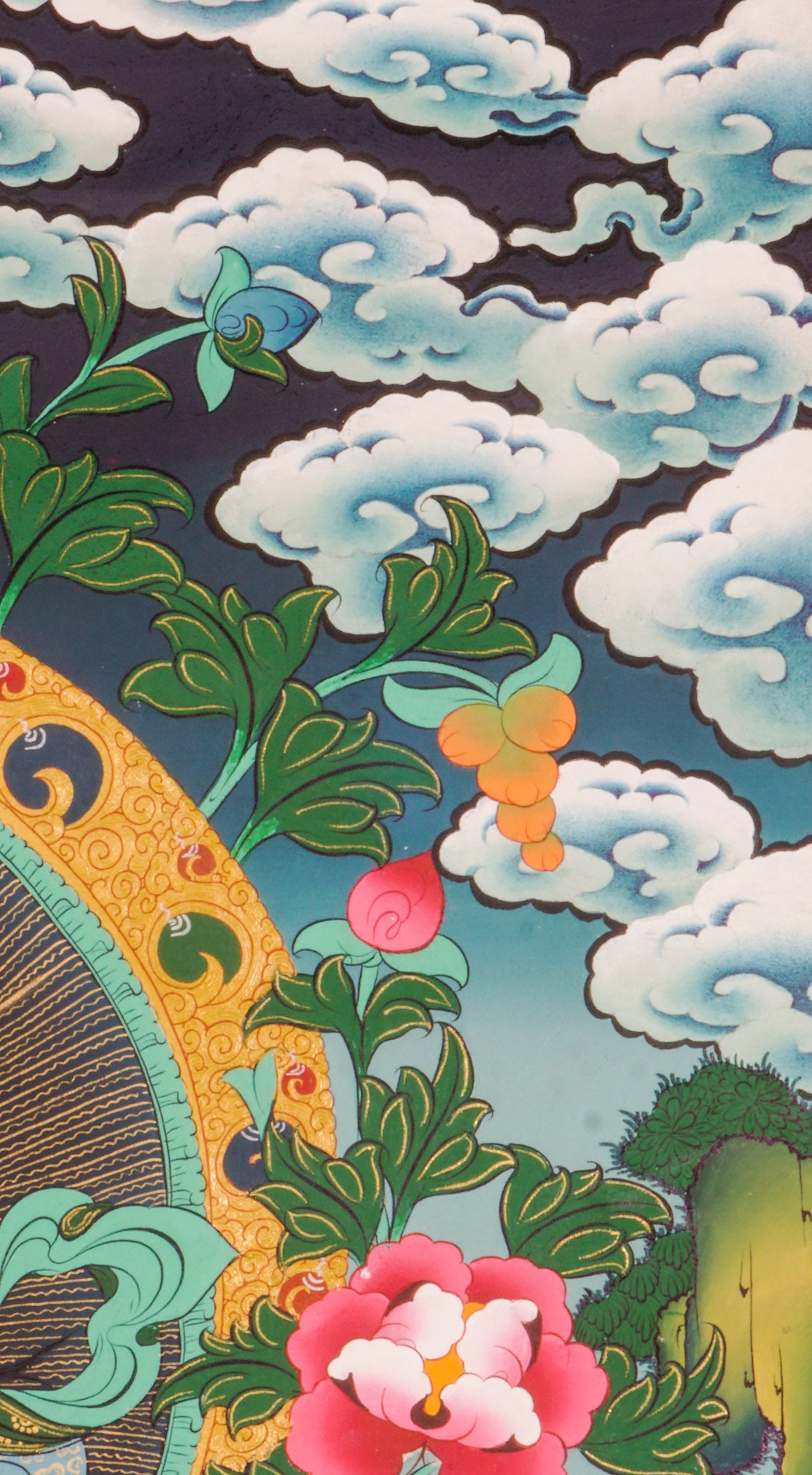 Singh Zambala thangka - singh zambala seated on a lotus throne adorned with vivid flowers, symbolizing purity and spiritual growth