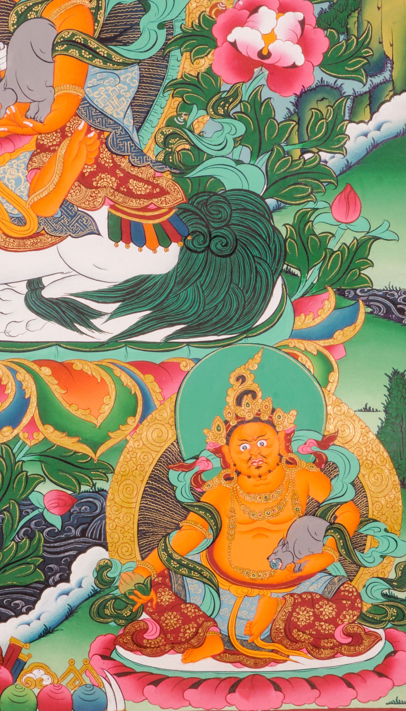 Singh Zambala thangka - singh zambala seated on a lotus throne adorned with vivid flowers, symbolizing purity and spiritual growth