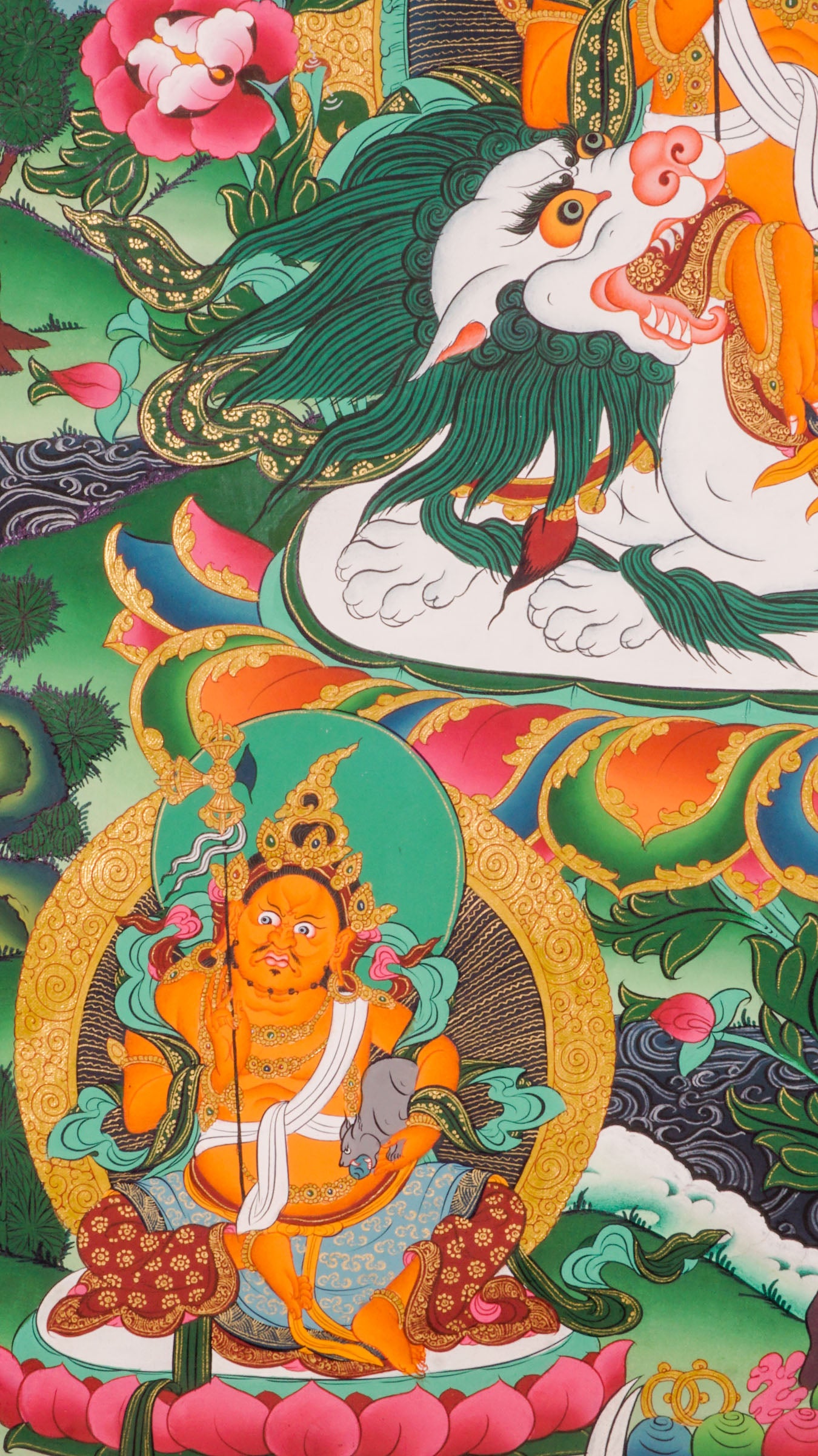 Singh Zambala thangka - singh zambala seated on a lotus throne adorned with vivid flowers, symbolizing purity and spiritual growth