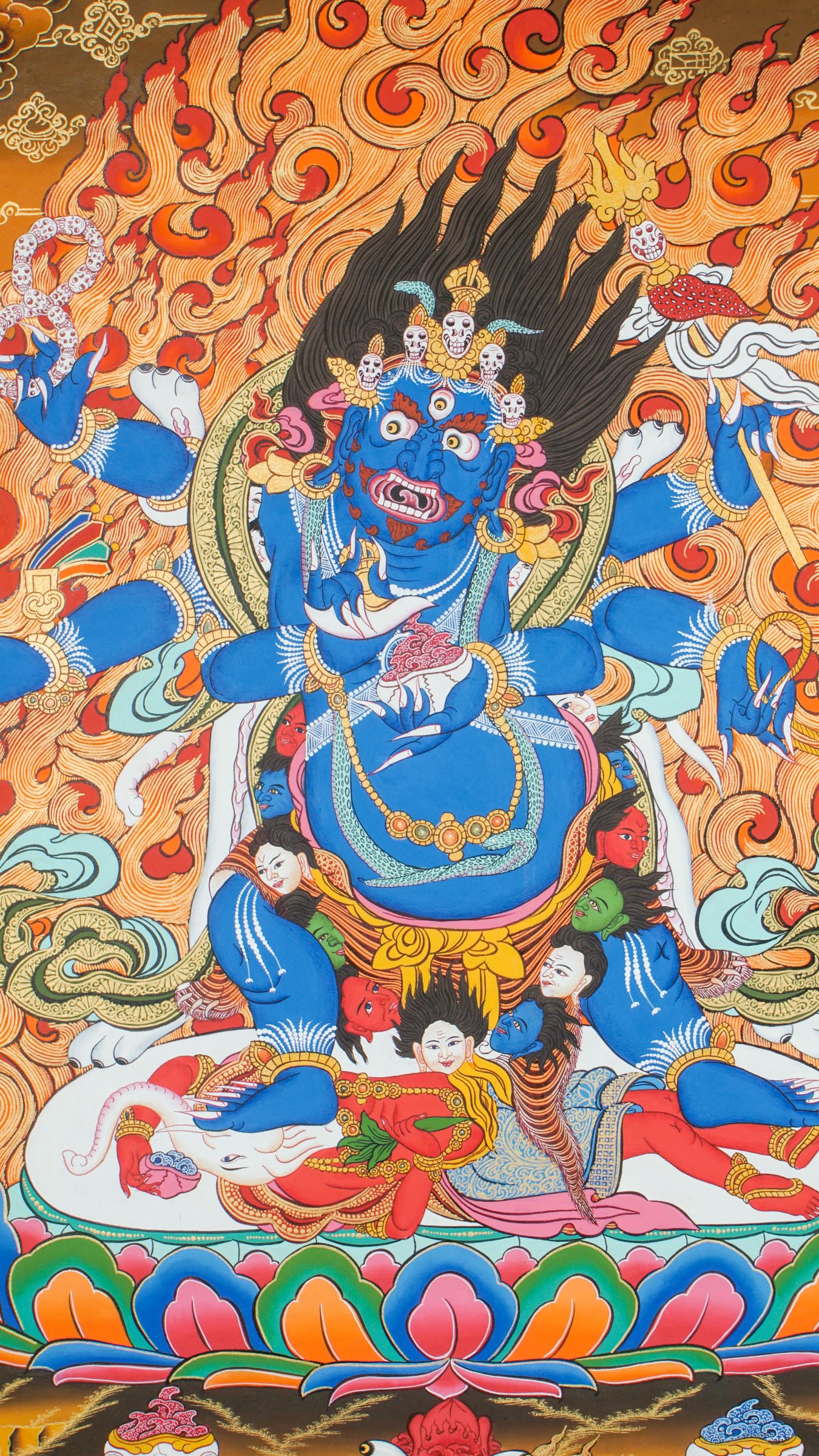 Hand-painted thangka artwork of Mahakala with multiple forms, with the six-armed version considered the most powerful and respected.