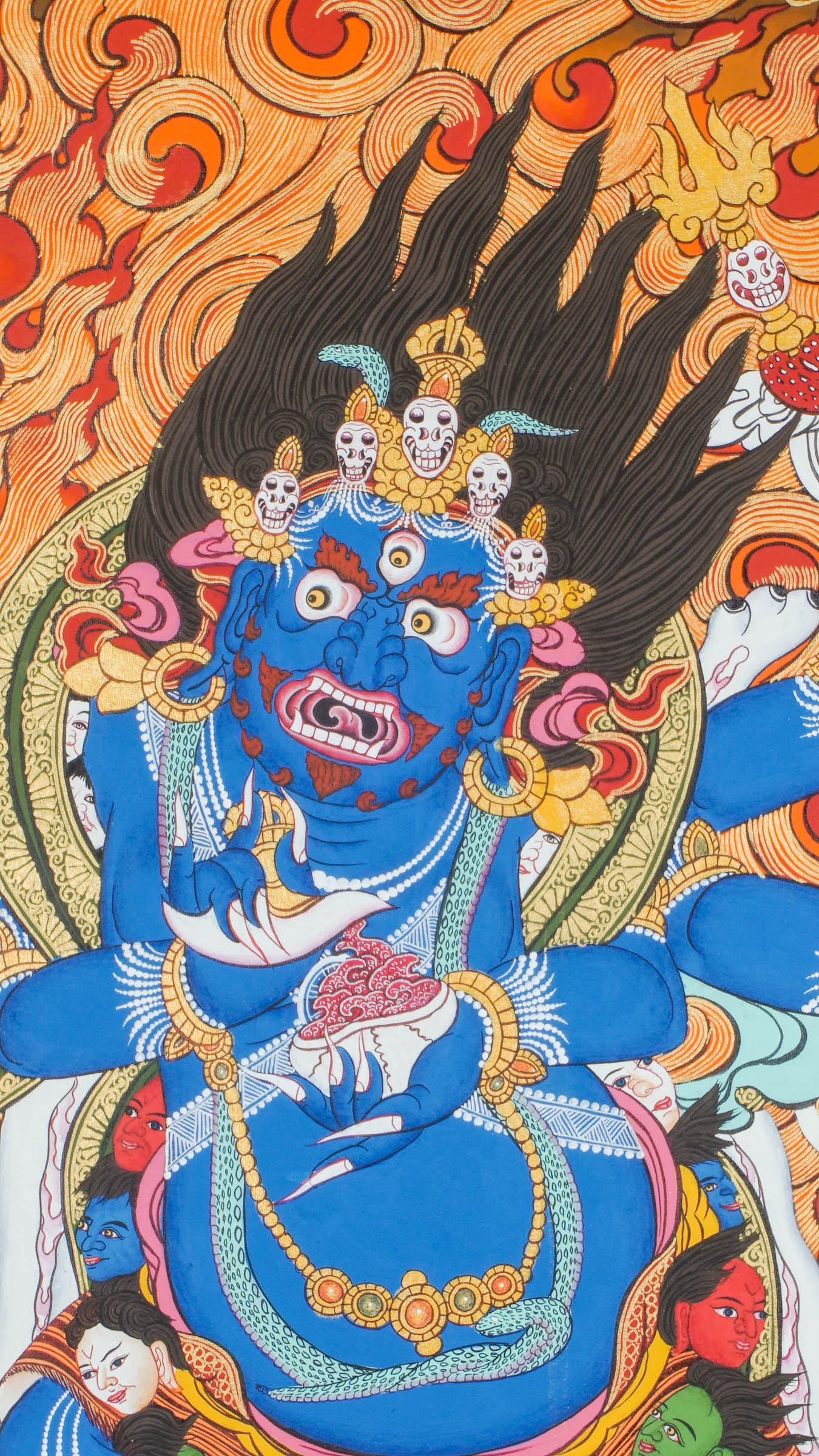Hand-painted thangka artwork of Mahakala with multiple forms, with the six-armed version considered the most powerful and respected.