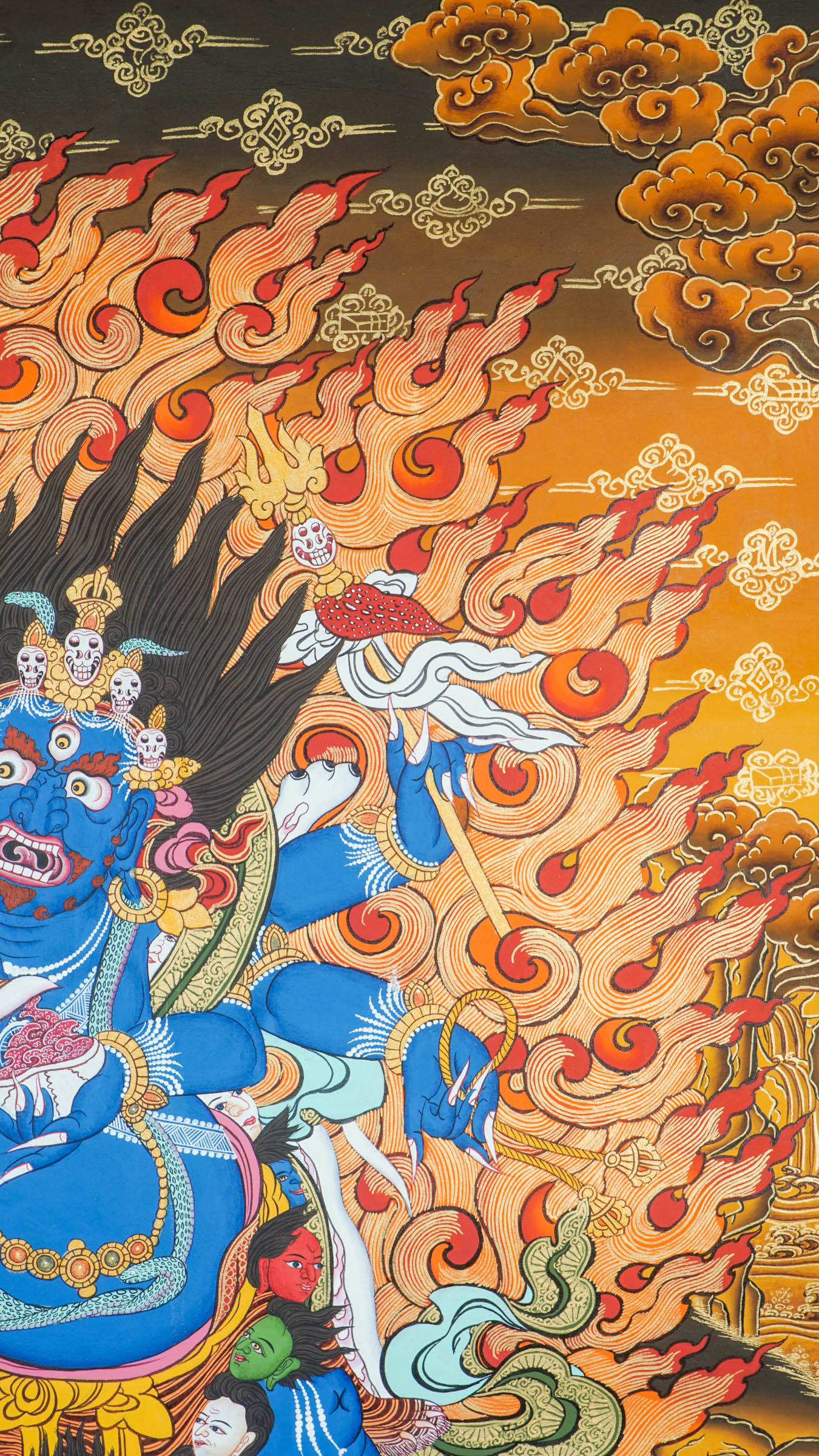 Hand-painted thangka artwork of Mahakala with multiple forms, with the six-armed version considered the most powerful and respected.