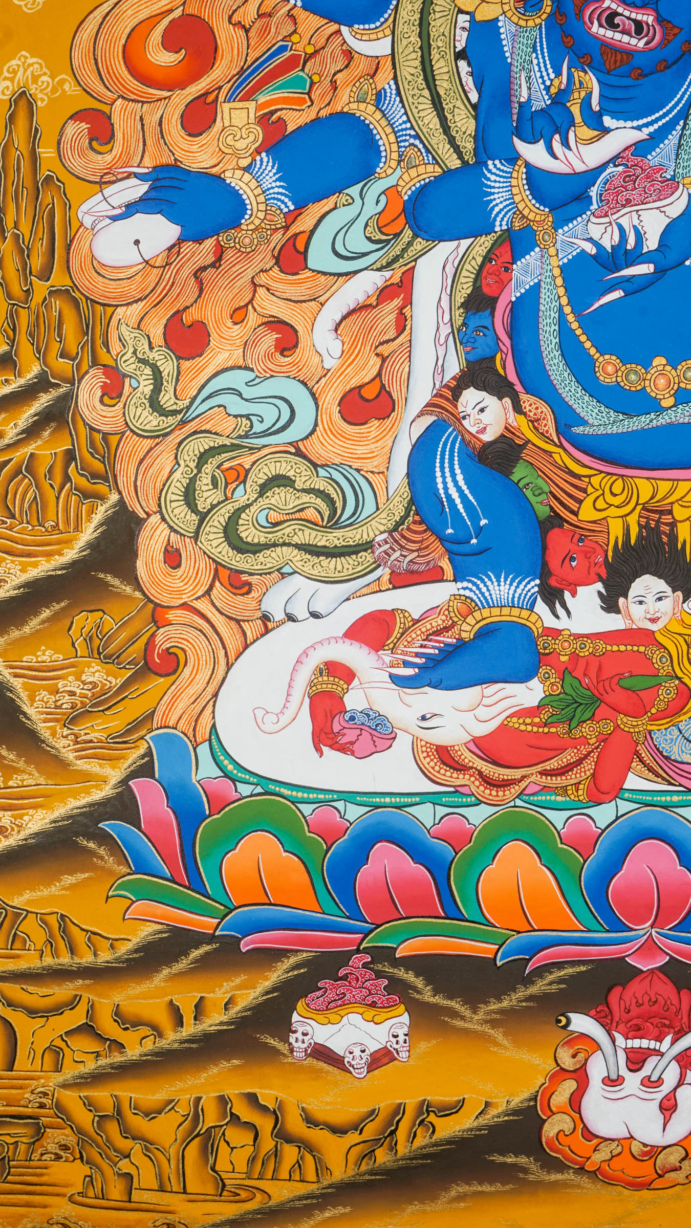 Hand-painted thangka artwork of Mahakala with multiple forms, with the six-armed version considered the most powerful and respected.