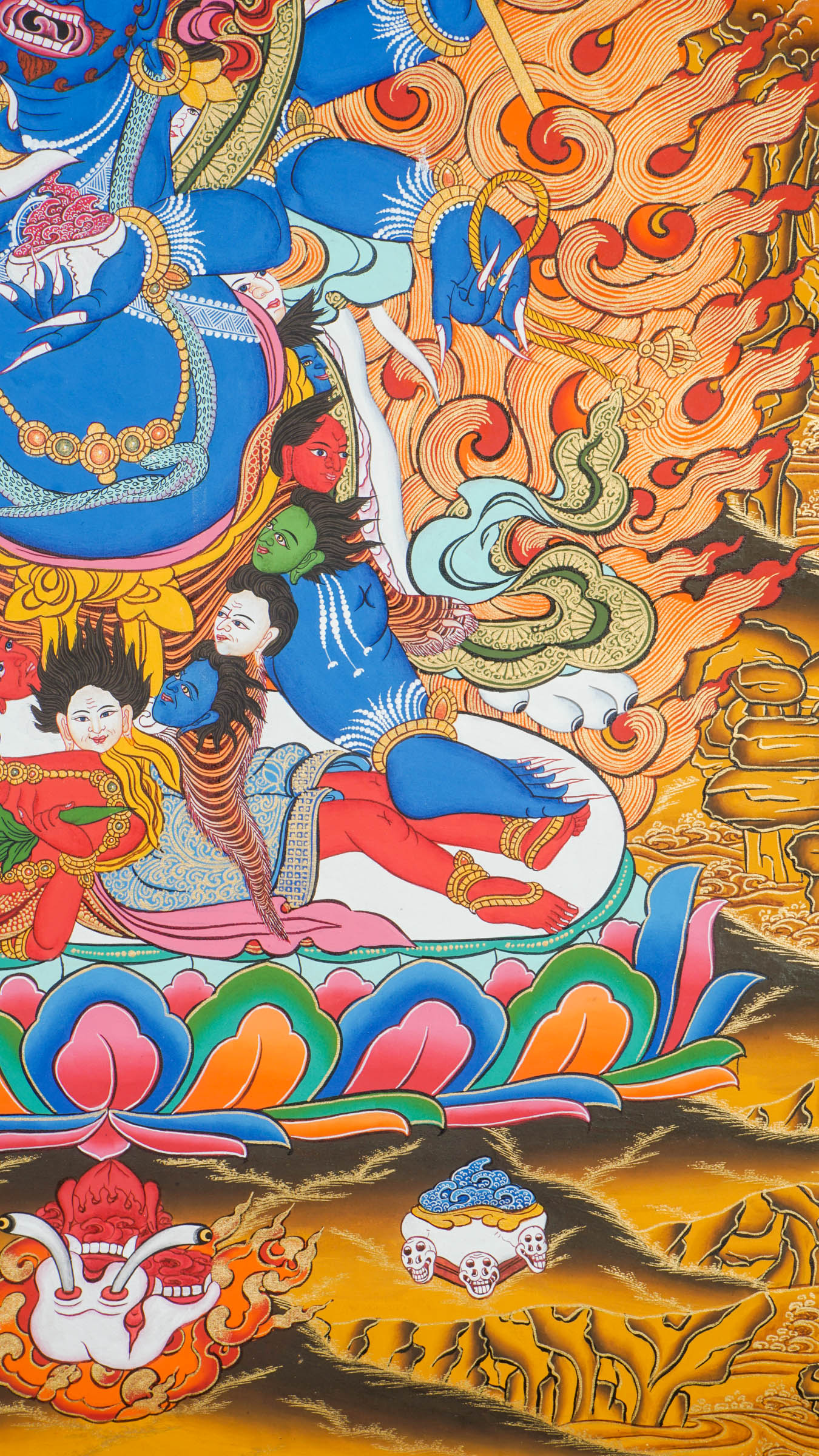 Hand-painted thangka artwork of Mahakala with multiple forms, with the six-armed version considered the most powerful and respected.