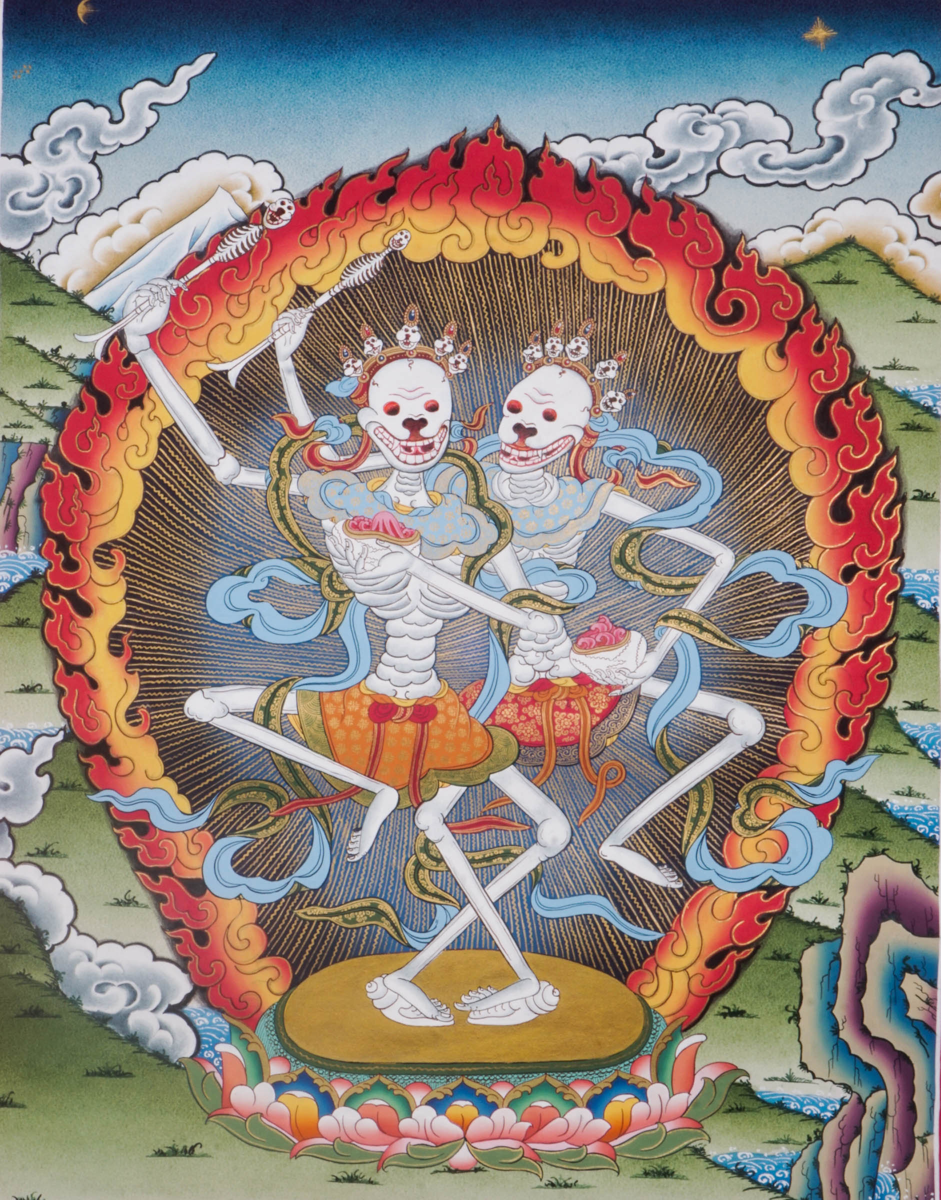 Traditional Tibetan thangka painting depicting the Skeleton Dance (Chitipati), showing two crowned skeleton figures dancing together within a ring of flames, surrounded by clouds and a symbolic landscape.