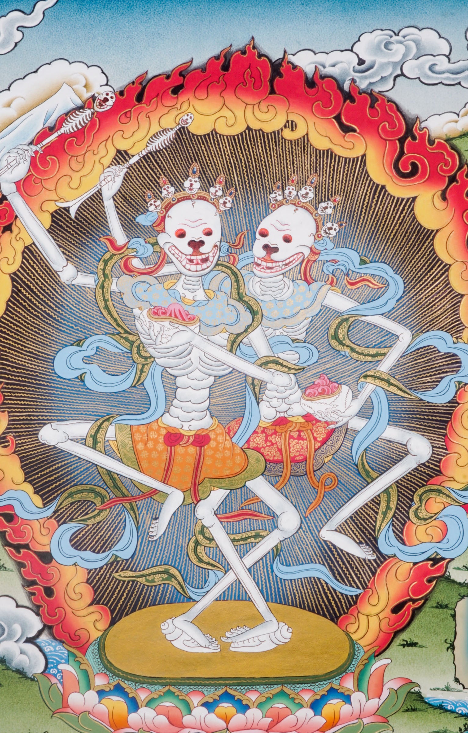Traditional Tibetan thangka painting depicting the Skeleton Dance (Chitipati), showing two crowned skeleton figures dancing together within a ring of flames, surrounded by clouds and a symbolic landscape.