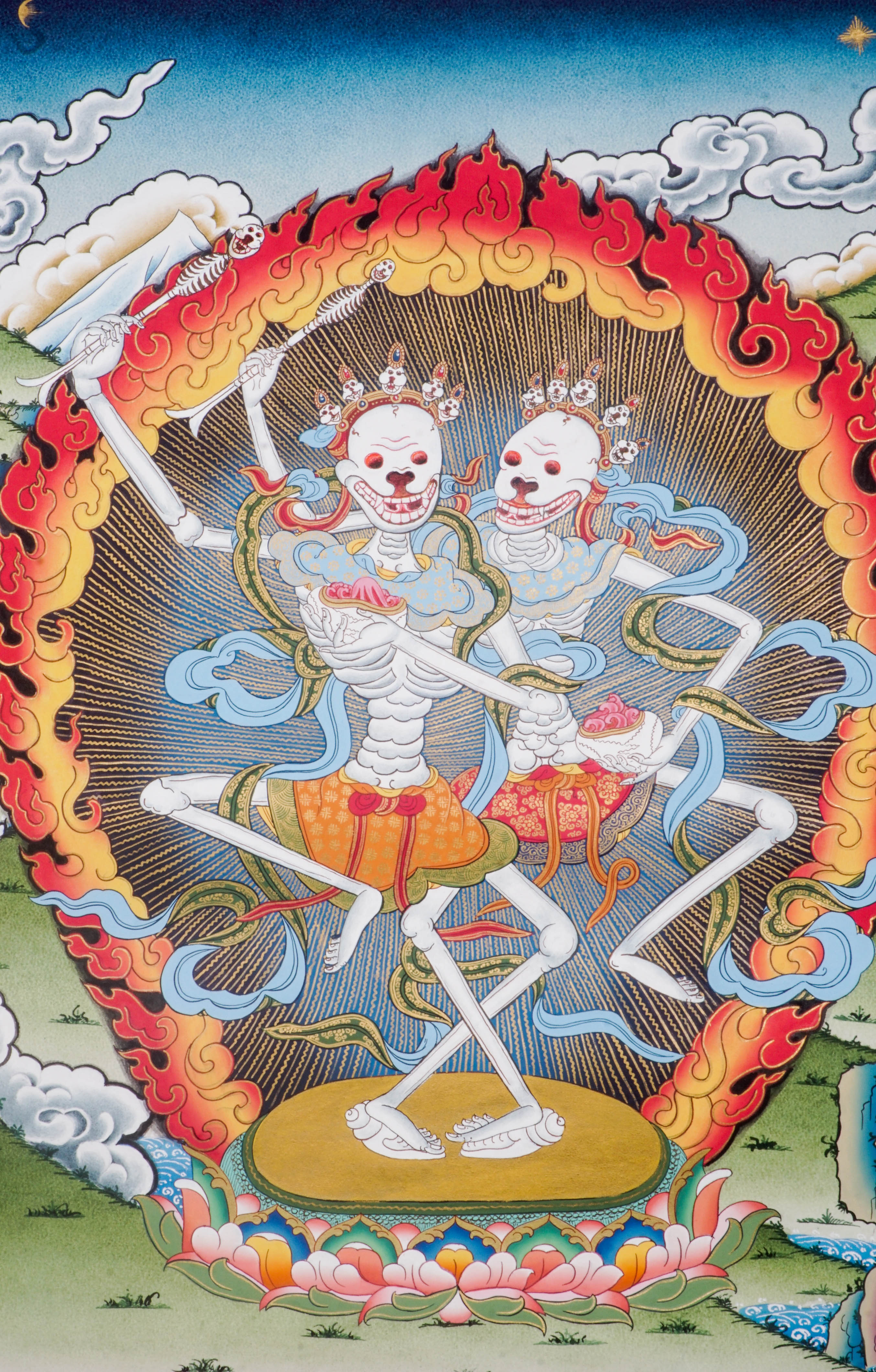 The Skeleton Dance Thangka captures the joyful yet profound symbolism of impermanence in Tibetan Buddhism, reminding us to live mindfully and embrace the fleeting nature of life. Hand-painted with rich natural pigments, this vibrant and intricate artwork brings movement, meaning, and spiritual depth to any meditation or living space.