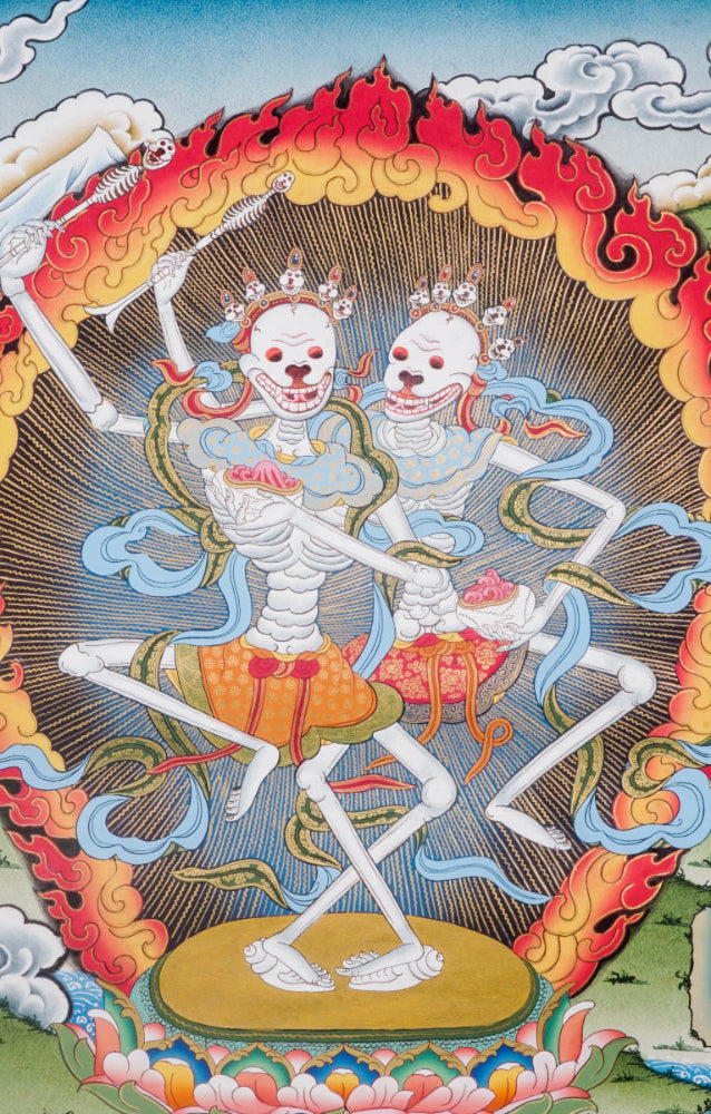 The Skeleton Dance Thangka captures the joyful yet profound symbolism of impermanence in Tibetan Buddhism, reminding us to live mindfully and embrace the fleeting nature of life. Hand-painted with rich natural pigments, this vibrant and intricate artwork brings movement, meaning, and spiritual depth to any meditation or living space.