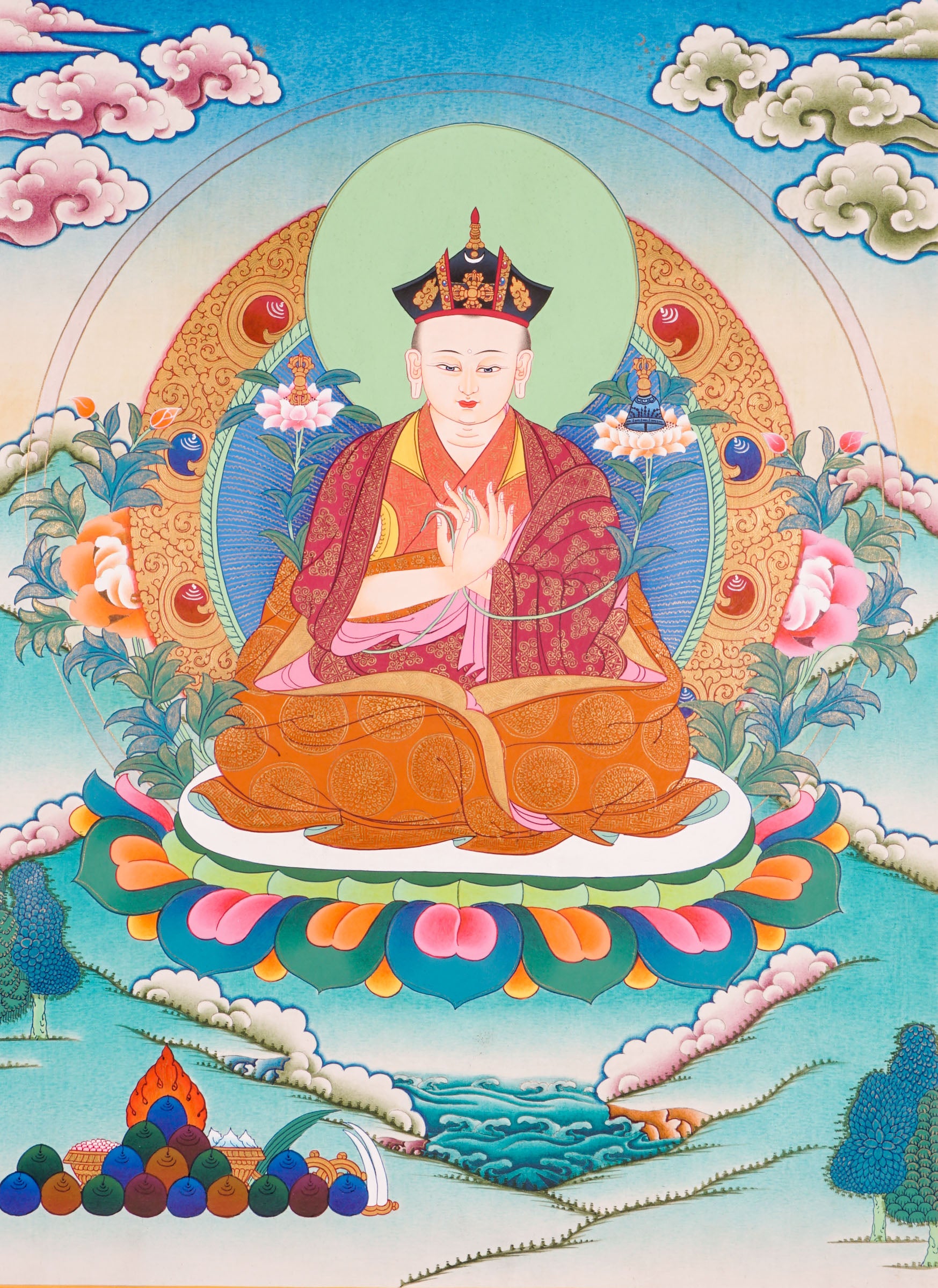 Traditional Tibetan thangka painting depicting the Karmapa Lama seated in meditation on a lotus throne, shown with a serene expression, monastic robes, a radiant halo, and surrounded by clouds, flowers, and a peaceful landscape.