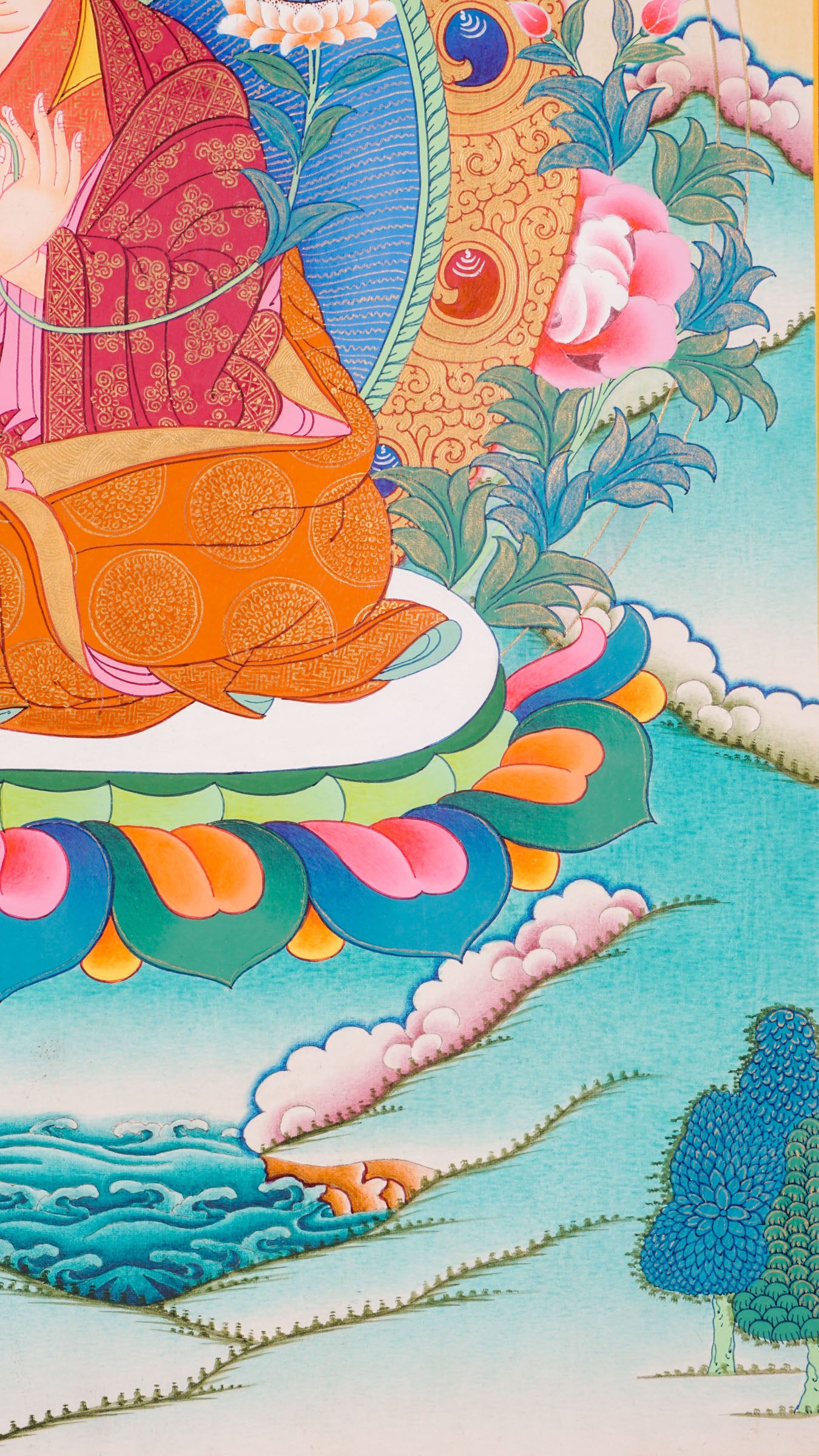 Traditional Tibetan thangka painting depicting the Karmapa Lama seated in meditation on a lotus throne, shown with a serene expression, monastic robes, a radiant halo, and surrounded by clouds, flowers, and a peaceful landscape.