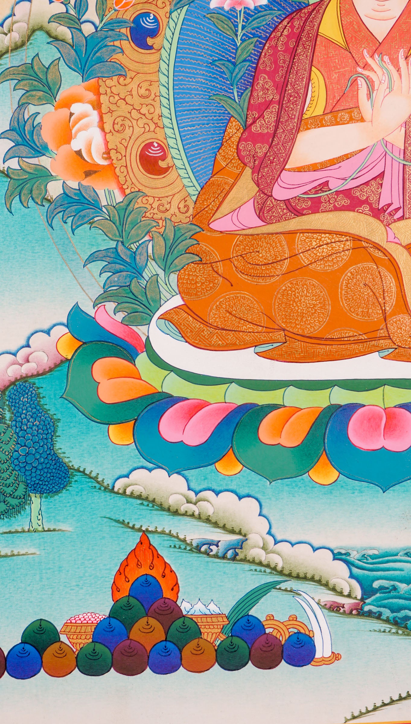 Traditional Tibetan thangka painting depicting the Karmapa Lama seated in meditation on a lotus throne, shown with a serene expression, monastic robes, a radiant halo, and surrounded by clouds, flowers, and a peaceful landscape.