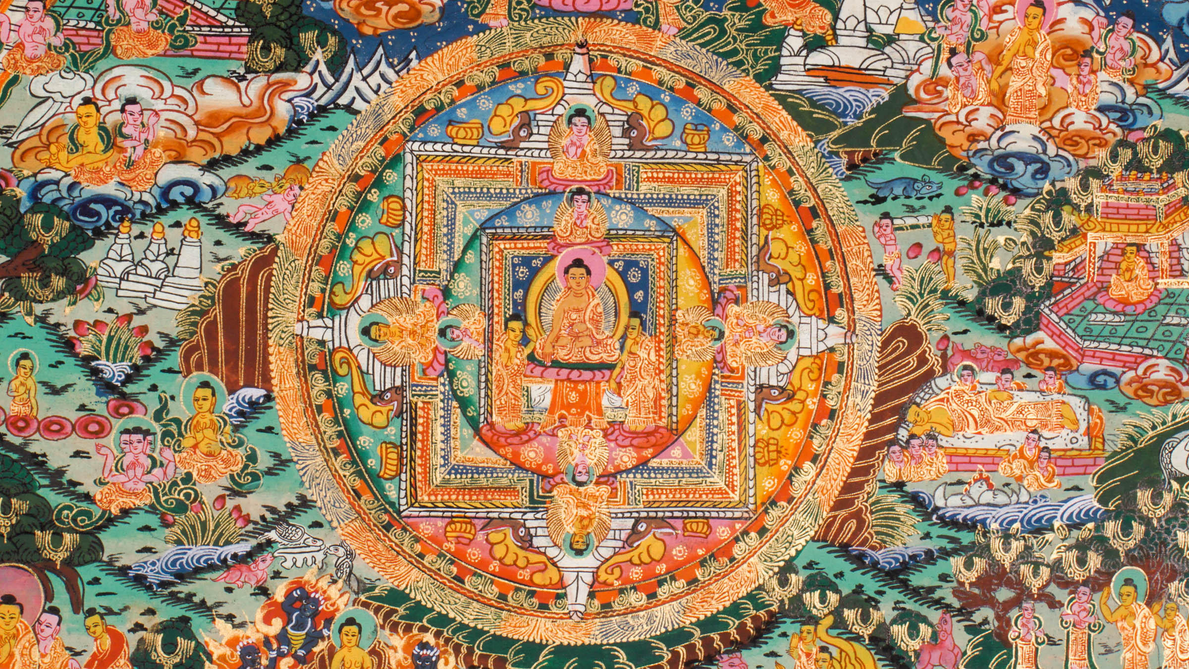 Tibetan Thangka painting showing Buddha's life journey - birth, enlightenment, and teachings. Created with mineral pigments on cotton using traditional Buddhist art methods.