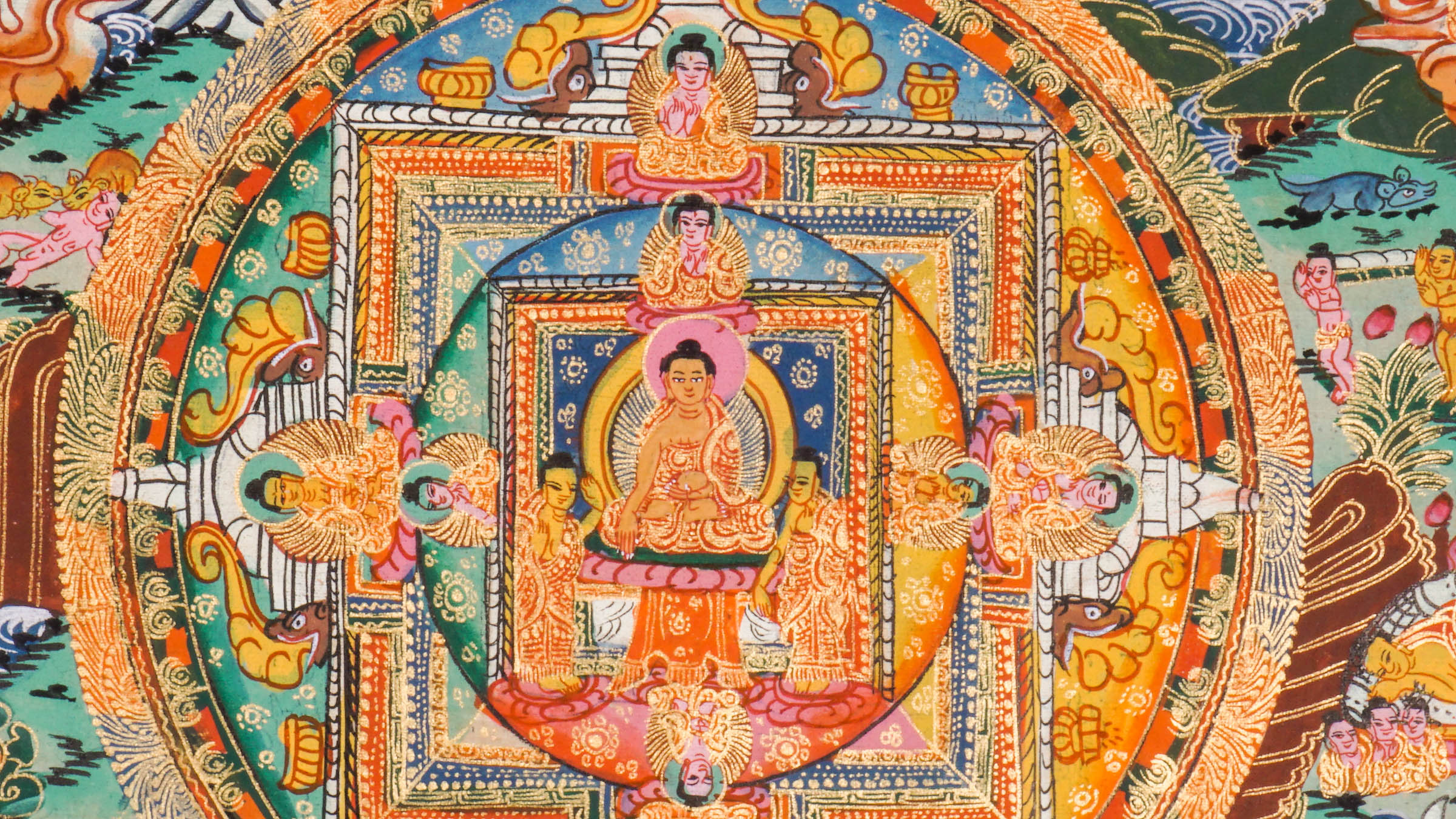Tibetan Thangka painting showing Buddha's life journey - birth, enlightenment, and teachings. Created with mineral pigments on cotton using traditional Buddhist art methods.
