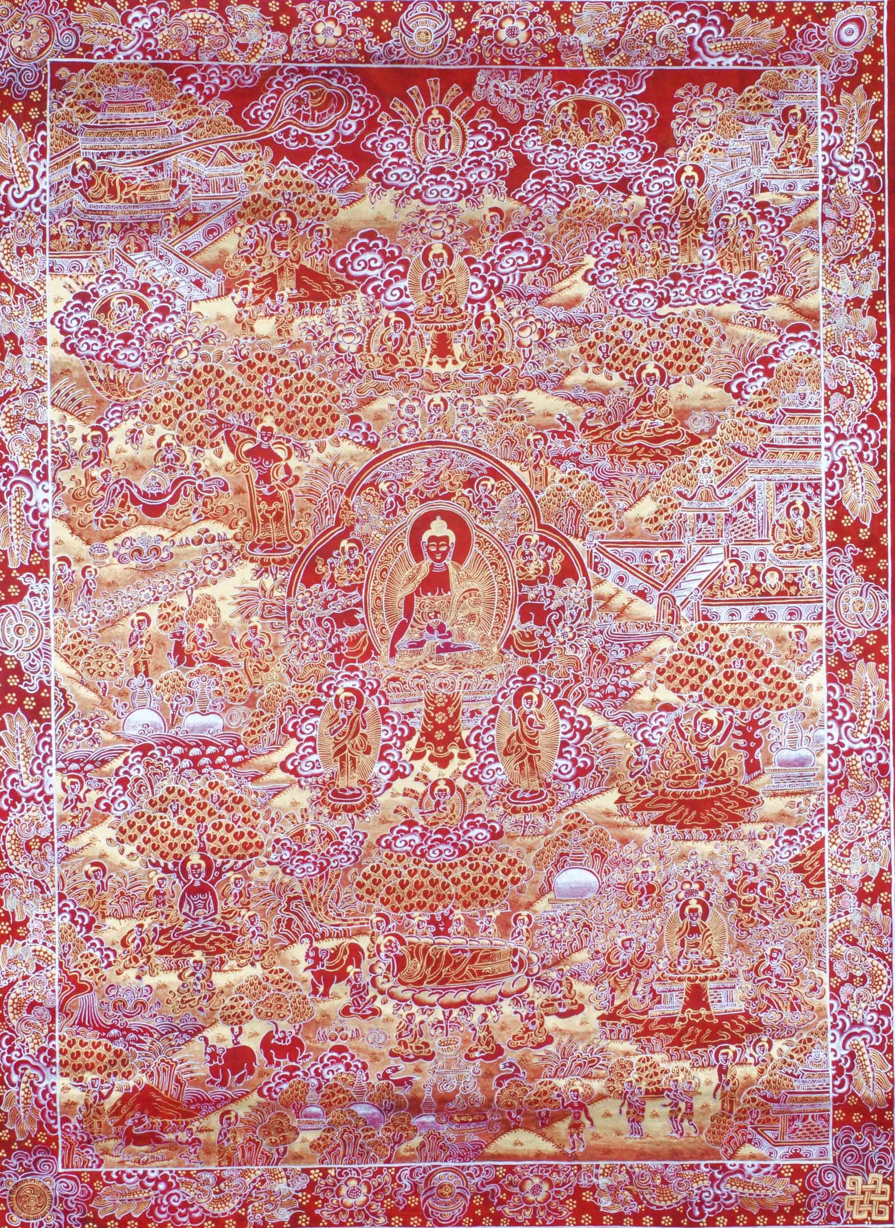 The Story of Buddha Life Thangka on Red and Gold illustrates key events from Buddha’s path to enlightenment, hand-painted with natural pigments in vibrant red and gold tones. This traditional Tibetan Buddhist thangka supports mindfulness, meditation, and a deeper connection to the teachings of Buddha.