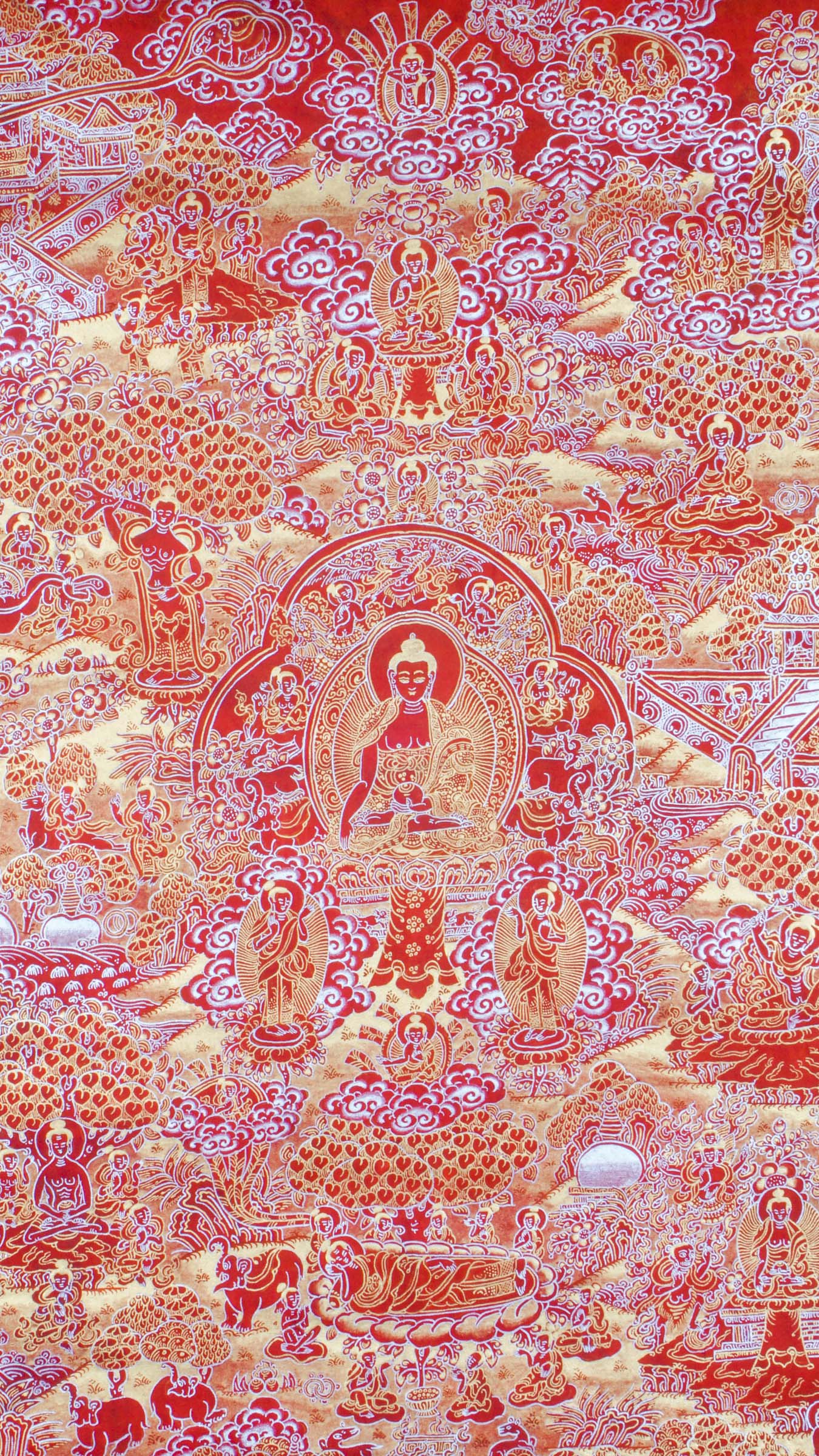 The Story of Buddha Life Thangka on Red and Gold illustrates key events from Buddha’s path to enlightenment, hand-painted with natural pigments in vibrant red and gold tones. This traditional Tibetan Buddhist thangka supports mindfulness, meditation, and a deeper connection to the teachings of Buddha.