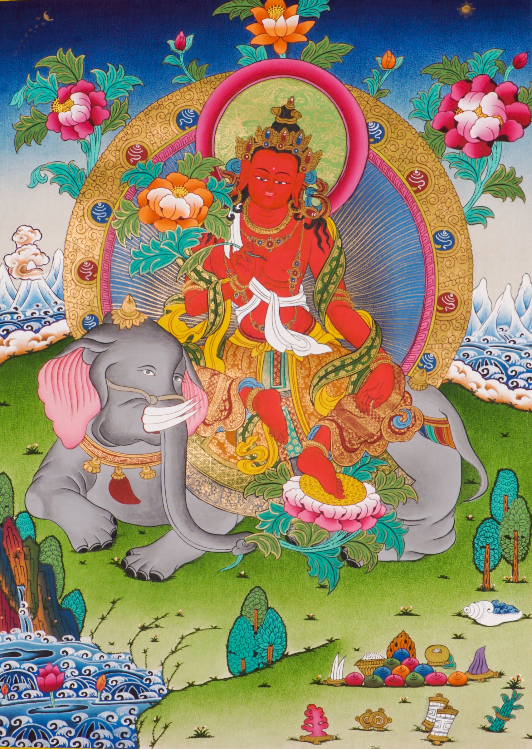 Hand-painted Fusen Fusa thangka showing Bodhisattva seated on elephant with lotus flower, detailed 24k gold ornaments and vibrant Himalayan landscape background.
