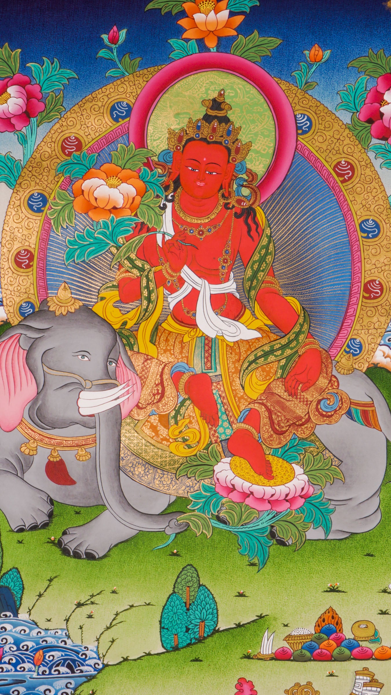 Hand-painted Fusen Fusa thangka showing Bodhisattva seated on elephant with lotus flower, detailed 24k gold ornaments and vibrant Himalayan landscape background.
