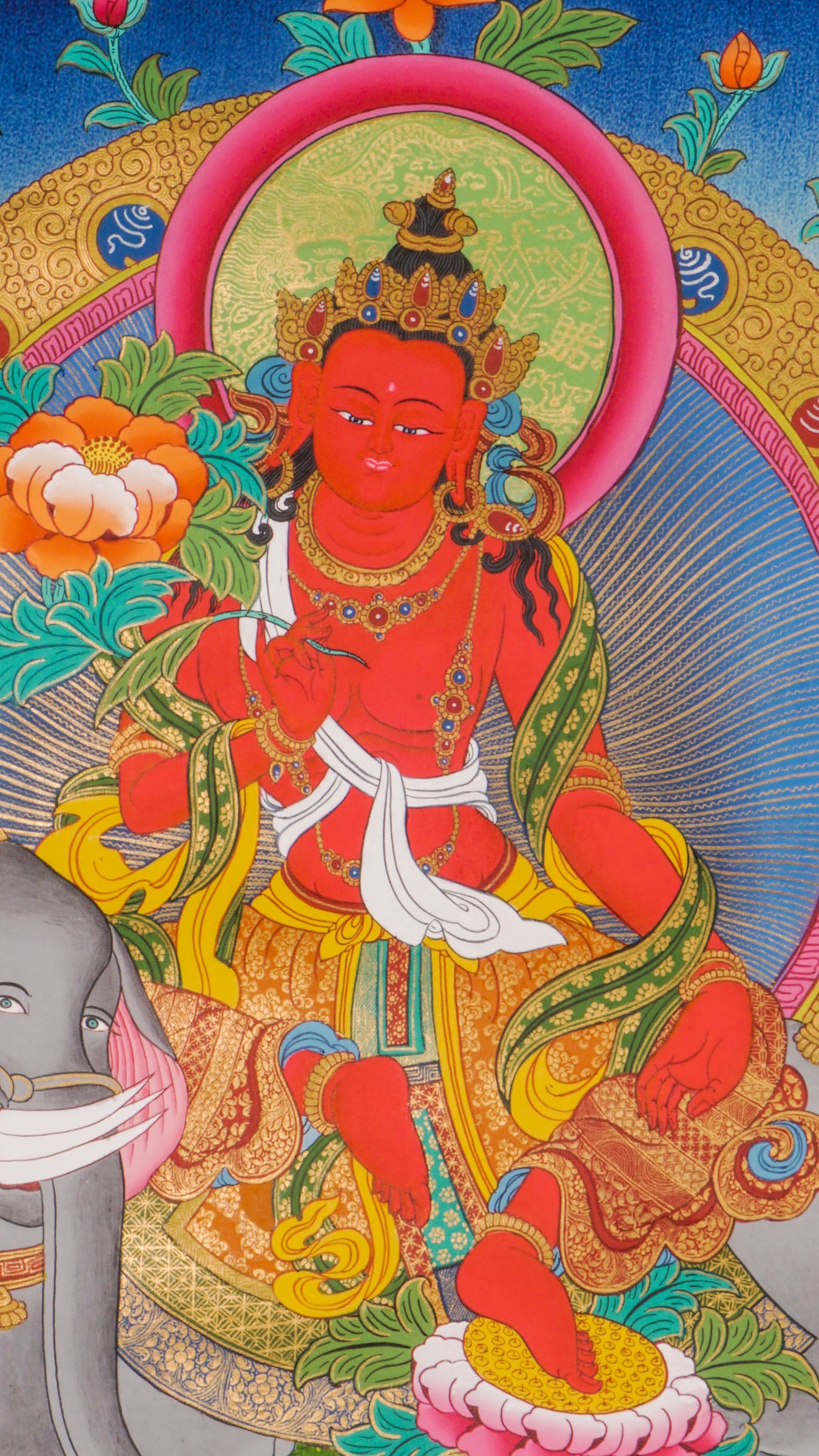 Hand-painted Fusen Fusa thangka showing Bodhisattva seated on elephant with lotus flower, detailed 24k gold ornaments and vibrant Himalayan landscape background.
