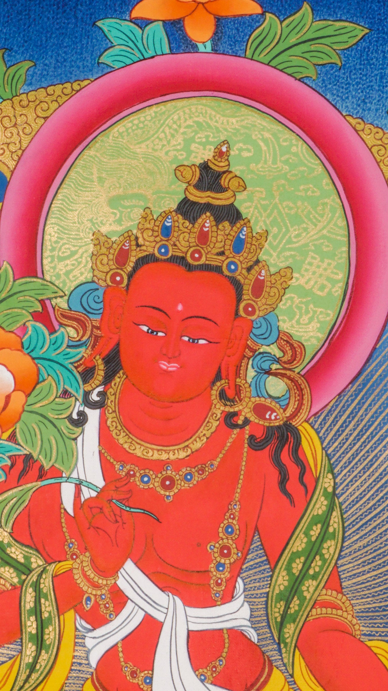 Hand-painted Fusen Fusa thangka showing Bodhisattva seated on elephant with lotus flower, detailed 24k gold ornaments and vibrant Himalayan landscape background.