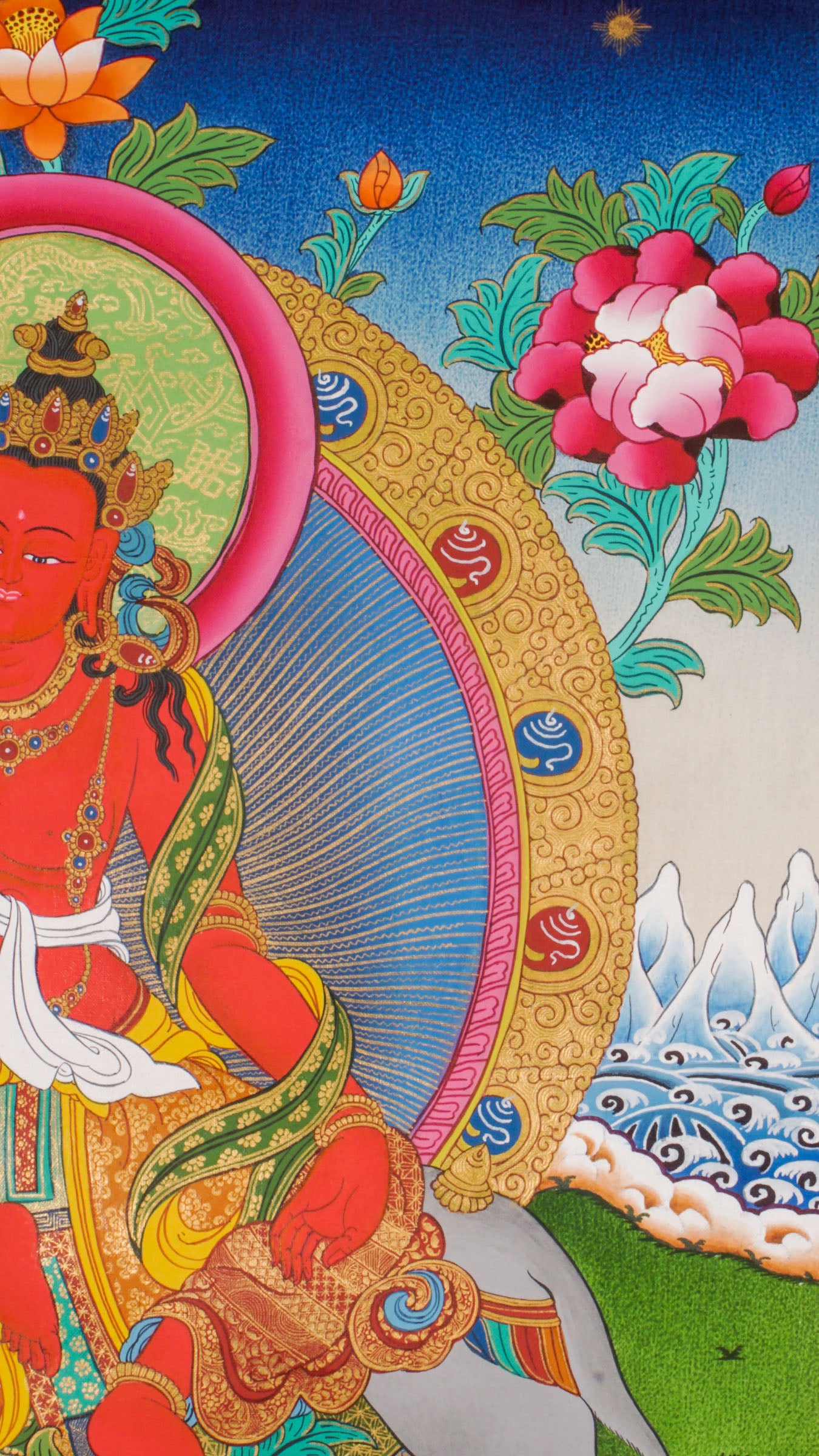 Hand-painted Fusen Fusa thangka showing Bodhisattva seated on elephant with lotus flower, detailed 24k gold ornaments and vibrant Himalayan landscape background.