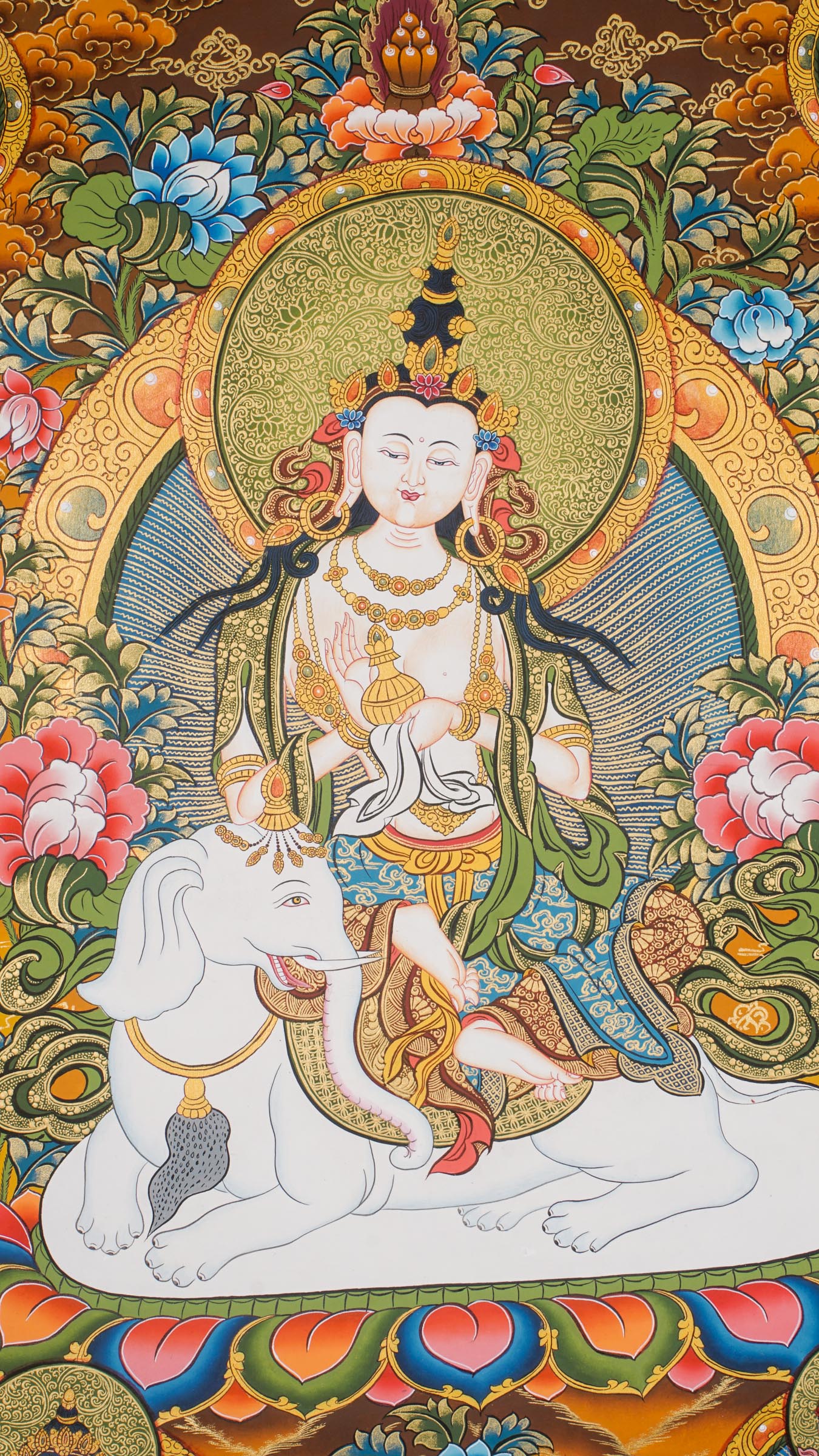 Hand-painted Fusen Fusa Samantabhadra thangka showing Bodhisattva seated on white elephant with lotus throne, 24k gold detailing and surrounding Buddhist deities.