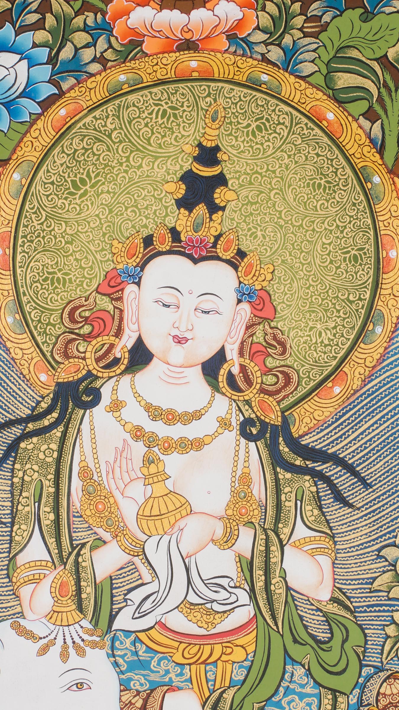 Hand-painted Fusen Fusa Samantabhadra thangka showing Bodhisattva seated on white elephant with lotus throne, 24k gold detailing and surrounding Buddhist deities.
