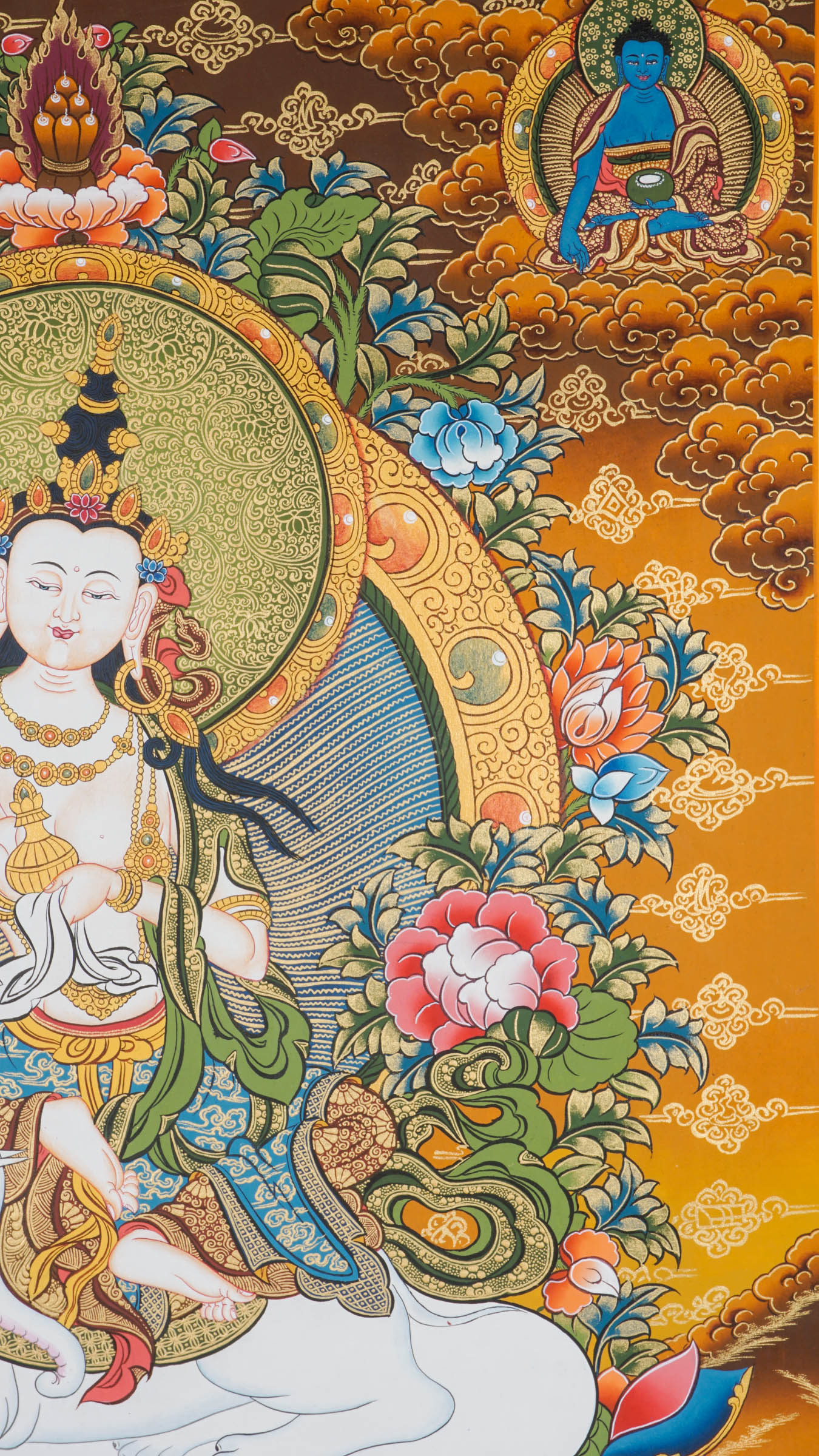 Hand-painted Fusen Fusa Samantabhadra thangka showing Bodhisattva seated on white elephant with lotus throne, 24k gold detailing and surrounding Buddhist deities.