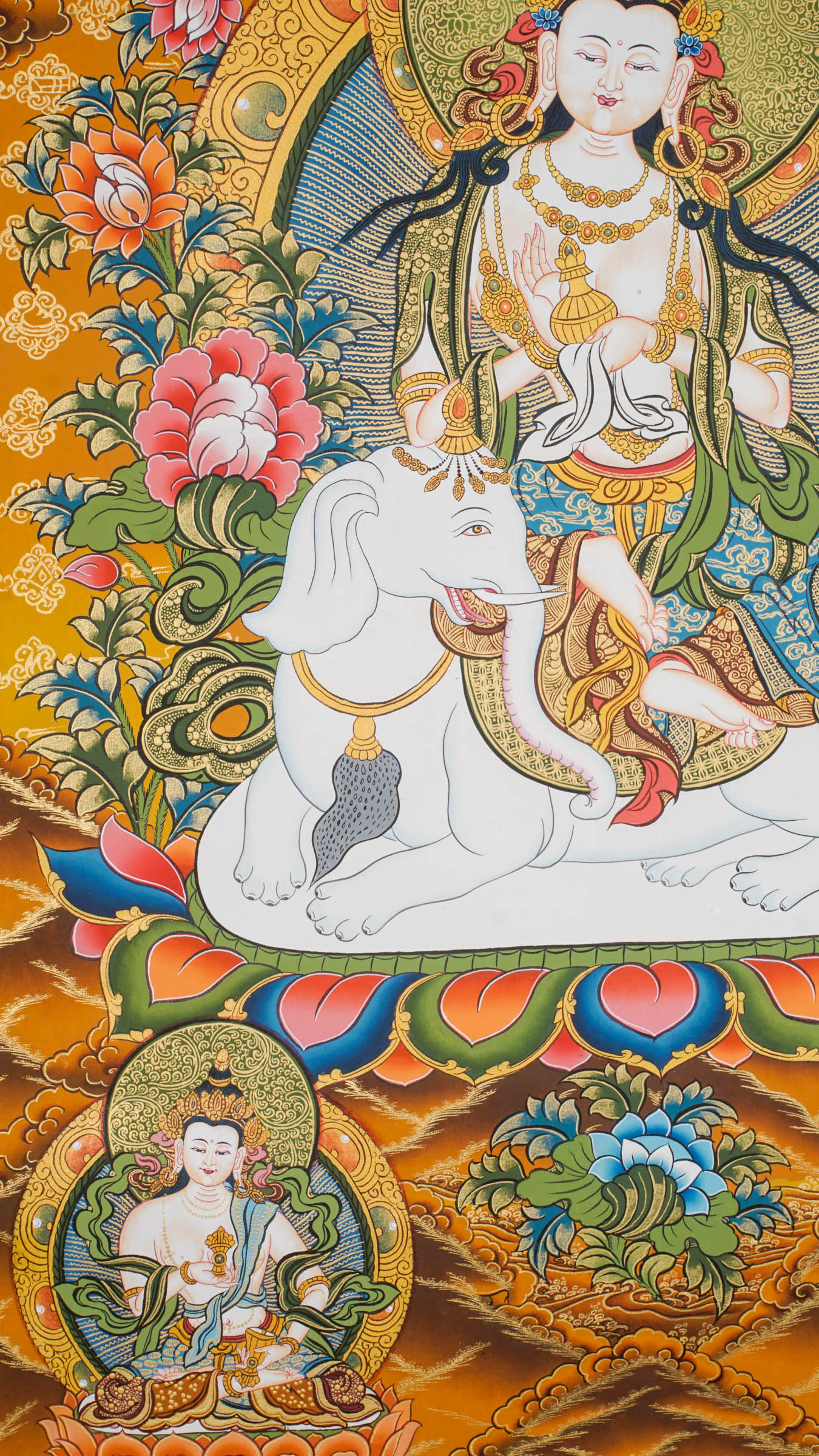 Hand-painted Fusen Fusa Samantabhadra thangka showing Bodhisattva seated on white elephant with lotus throne, 24k gold detailing and surrounding Buddhist deities.