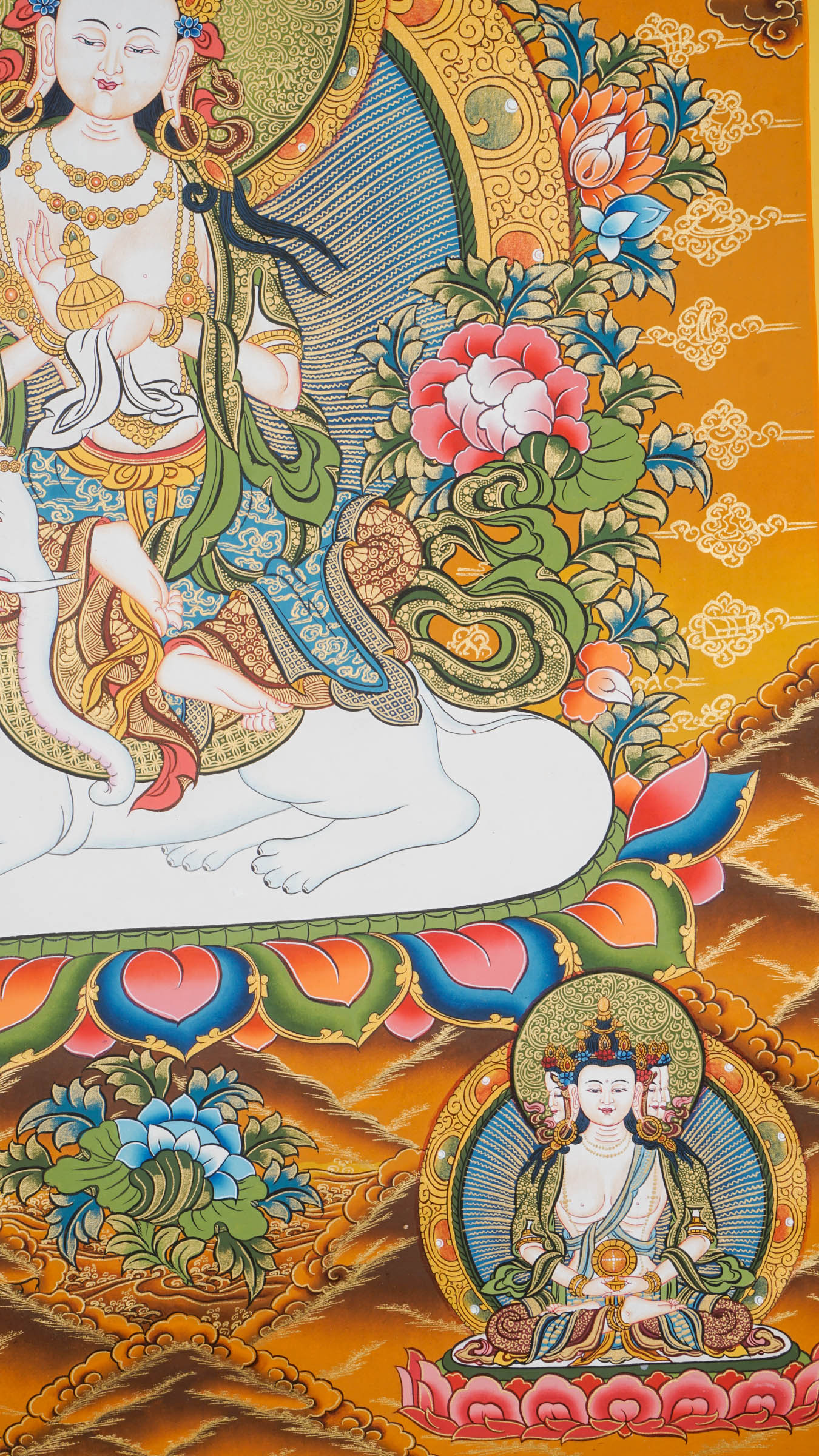 Hand-painted Fusen Fusa Samantabhadra thangka showing Bodhisattva seated on white elephant with lotus throne, 24k gold detailing and surrounding Buddhist deities.