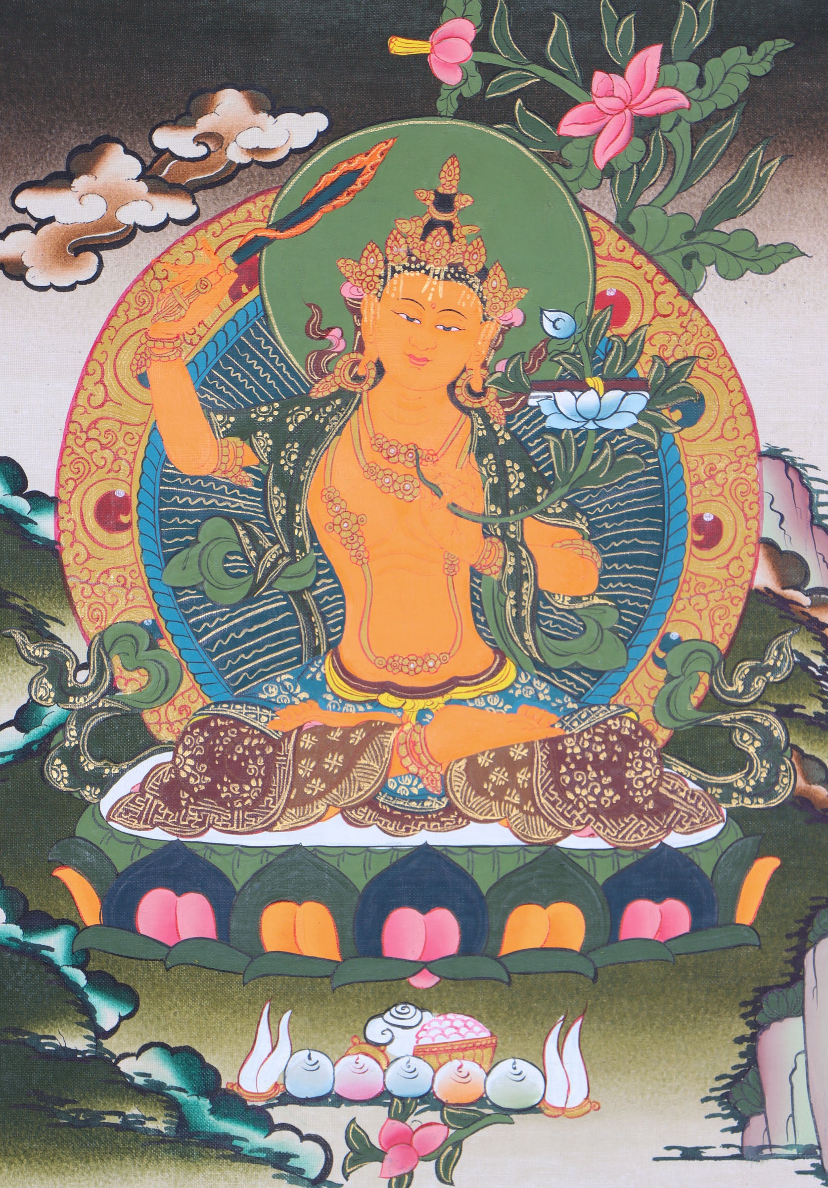 This Tibetan Thangka of Manjushri is a genuine Buddhist artwork that symbolizes wisdom and enlightenment. Hand-painted with natural pigments, it beautifully depicts Manjushri with his sacred sword and text, offering a powerful reminder of clarity and inner knowledge.