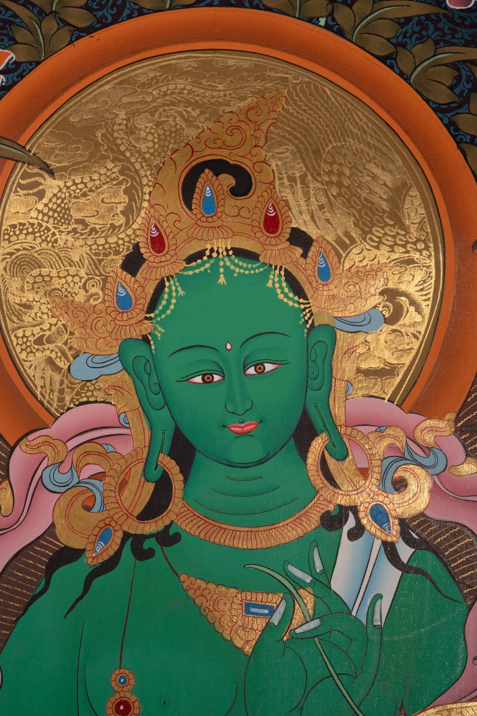 This hand-painted Thangka is a spiritual portal that invites you to immerse yourself in the divine energy of Green Tara.
